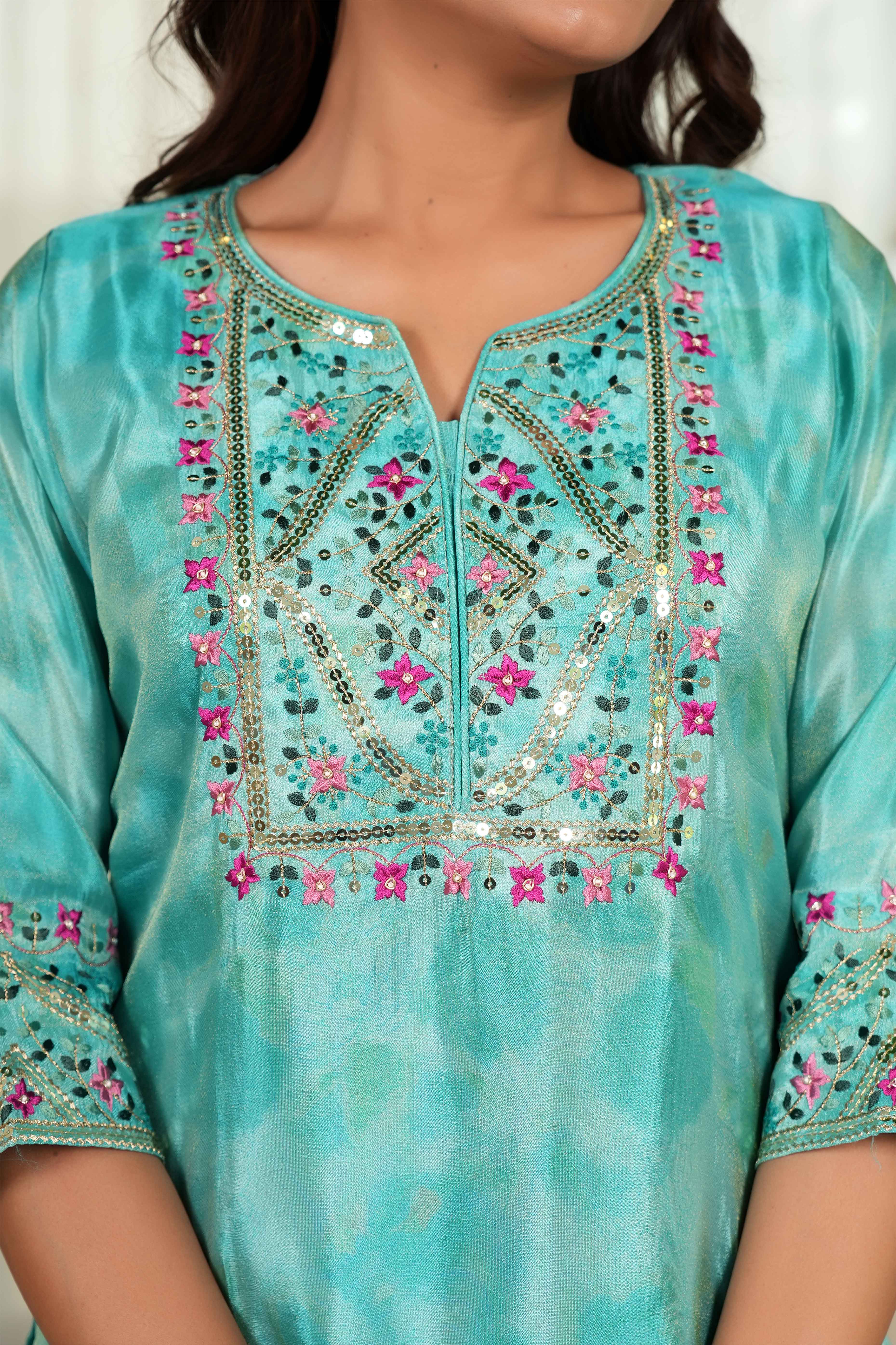 Turquoise Embroidered Organza Sharara Set with Delicate Floral Sequins