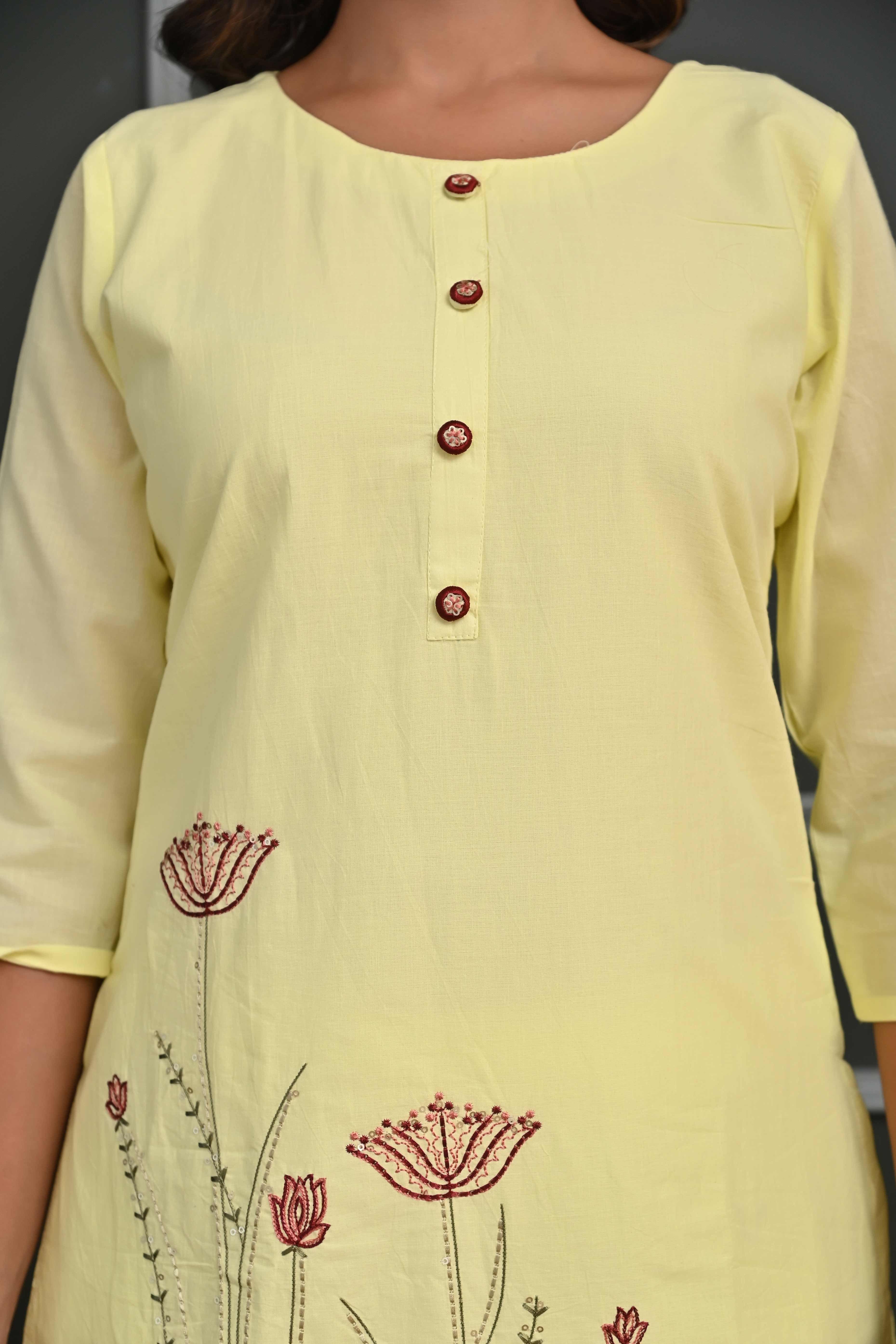 Radiant Yellow Floral Embroidered Co-Ord Set in Breathable Cotton for Stylish Comfort