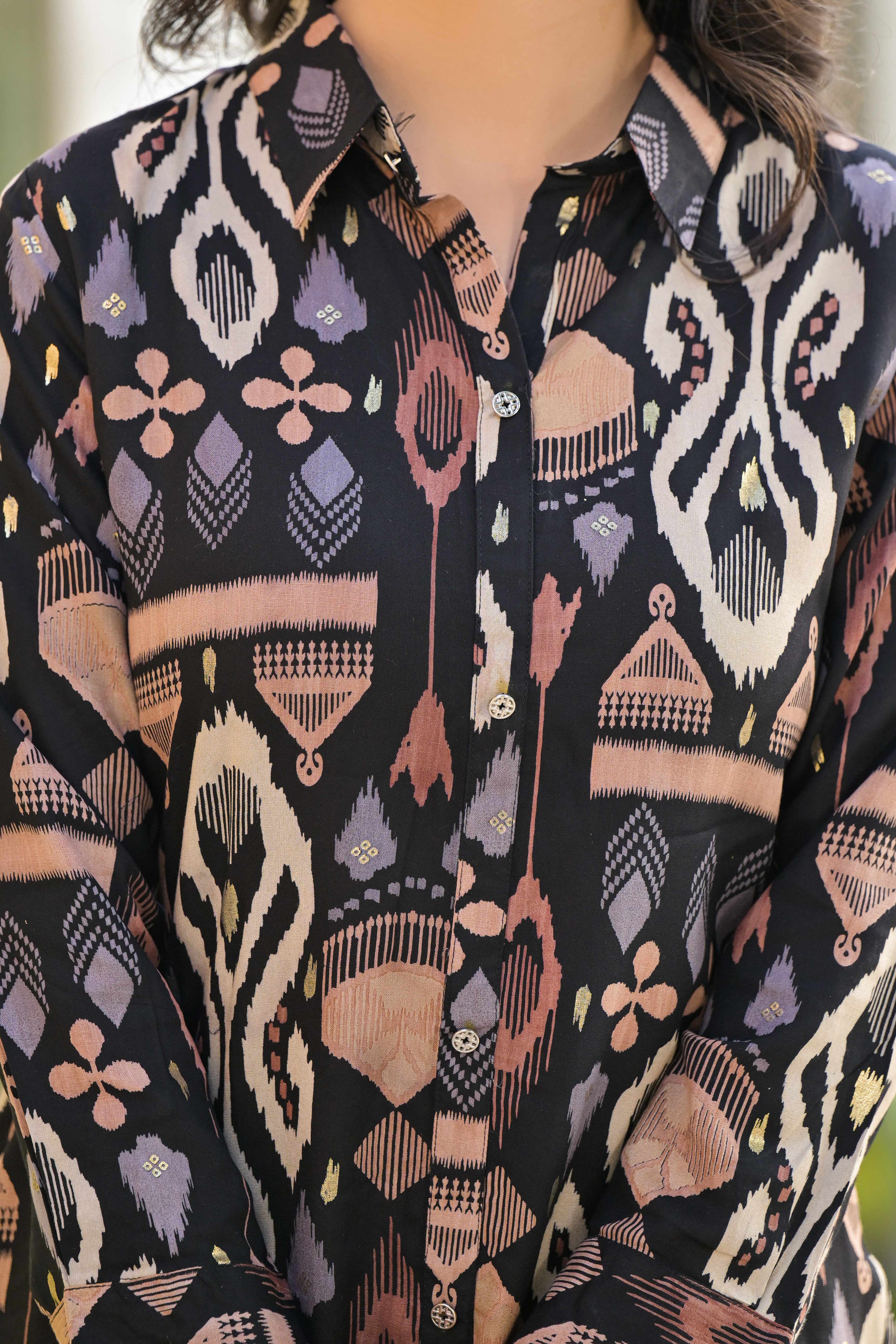 Black Floral Printed Rayon Straight Co-Ord Set