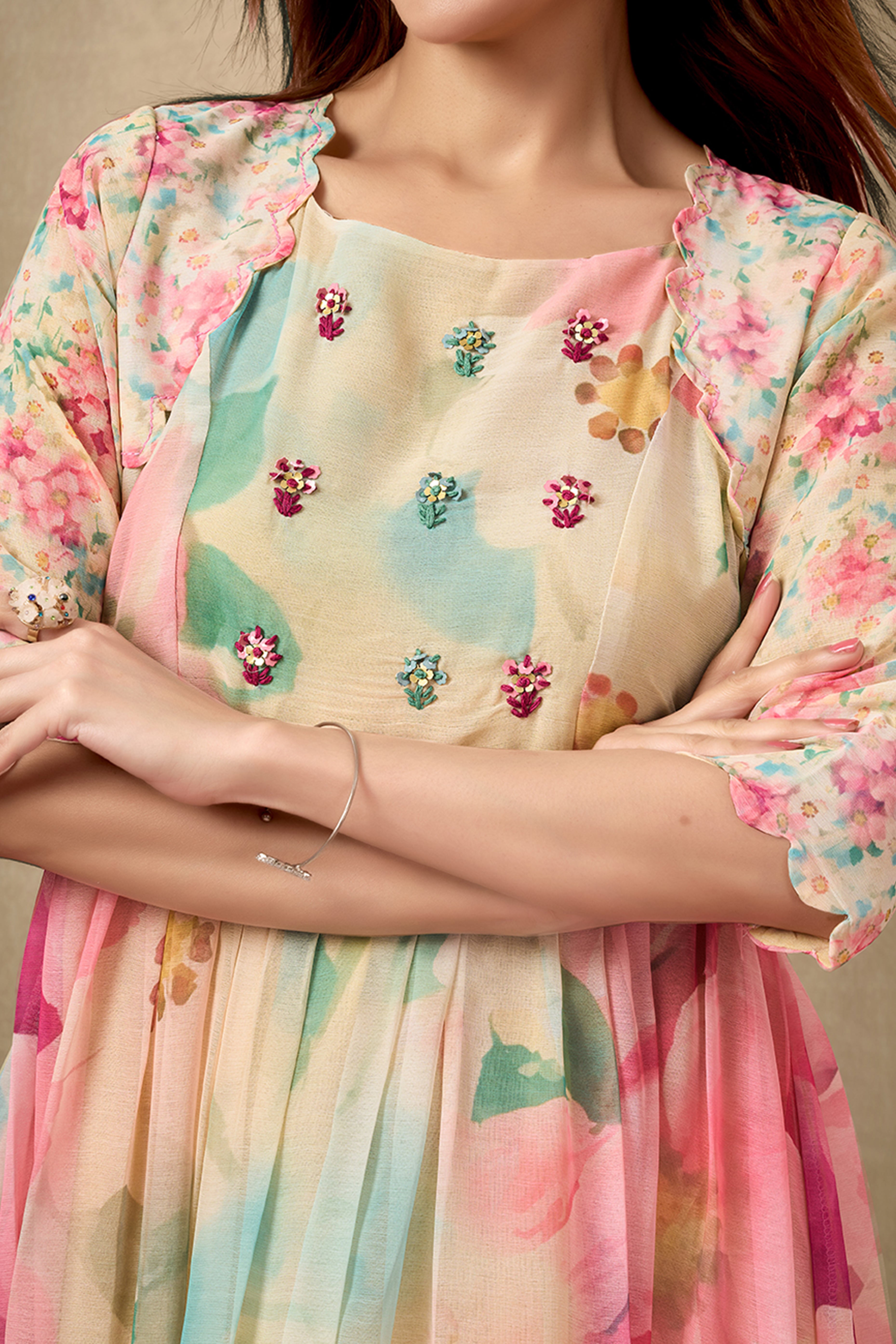 Multicolor Chiffon Maxi with Artistic Floral Prints and Handcrafted Embroidery