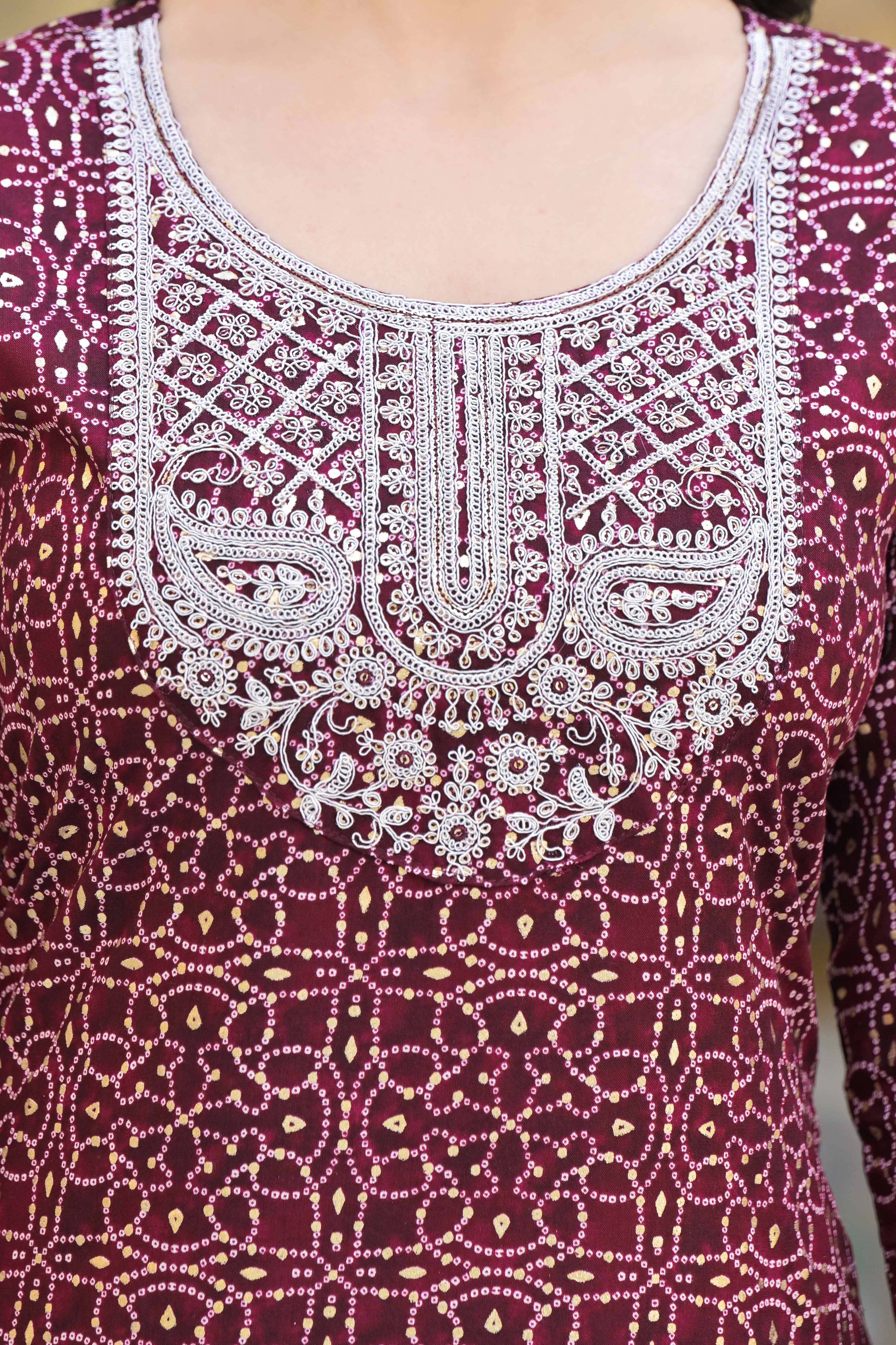 Maroon Bandhani With Embroidered Rayon Straight Kurti