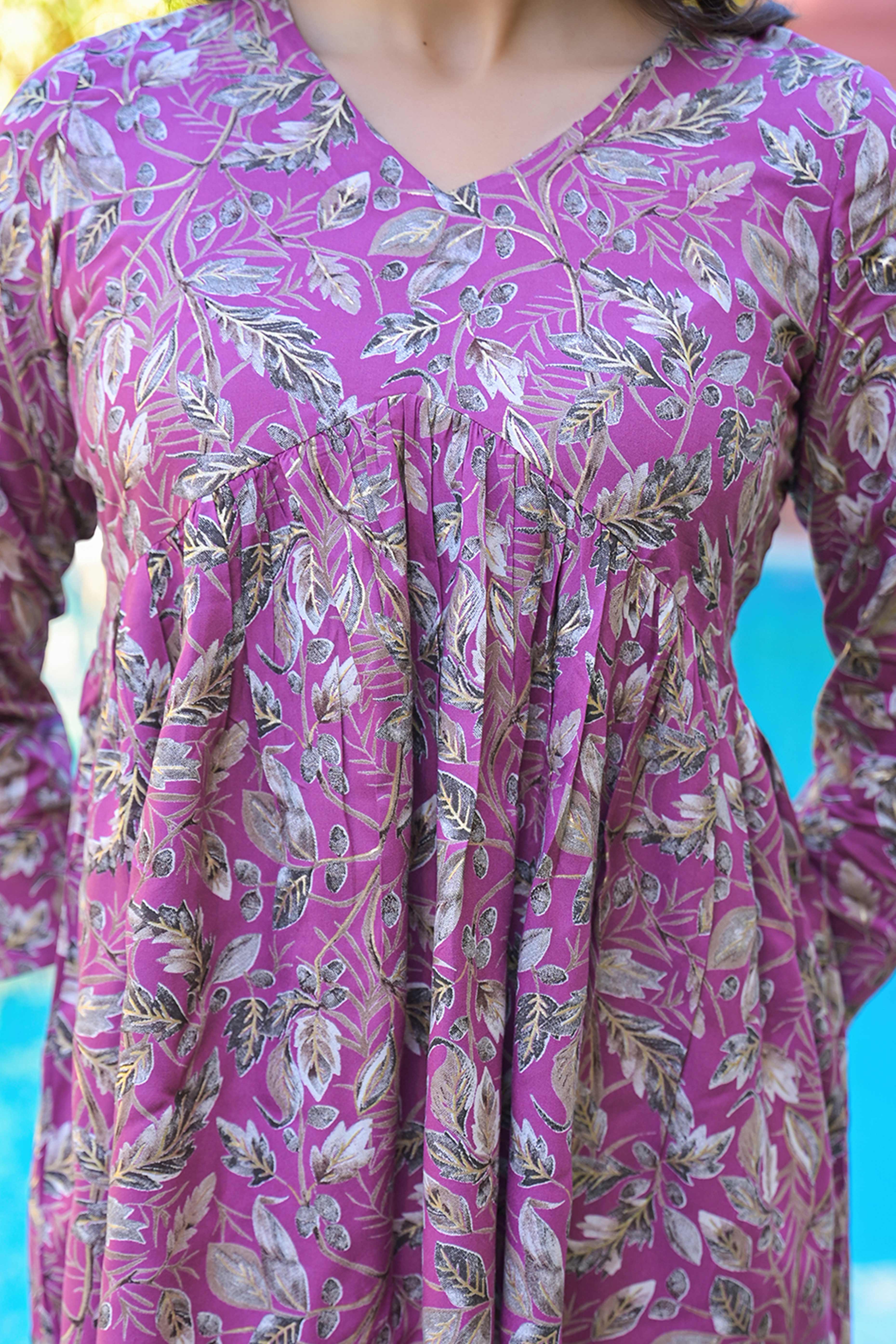 Purple Floral Printed Pure Cotton A-Line Top