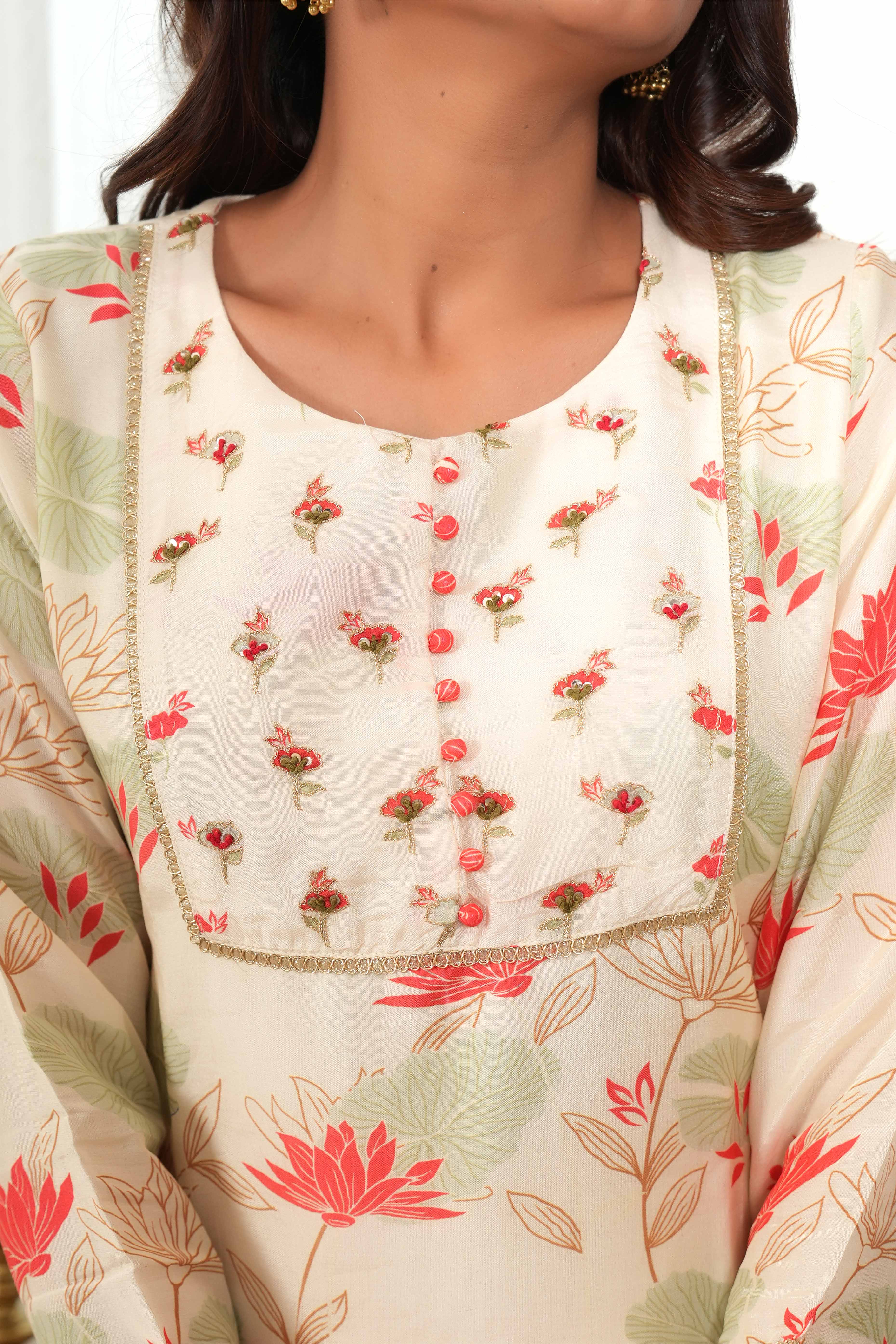 Cream Blossom Printed Florals with Flowy Muslin Sharara Bottom Set