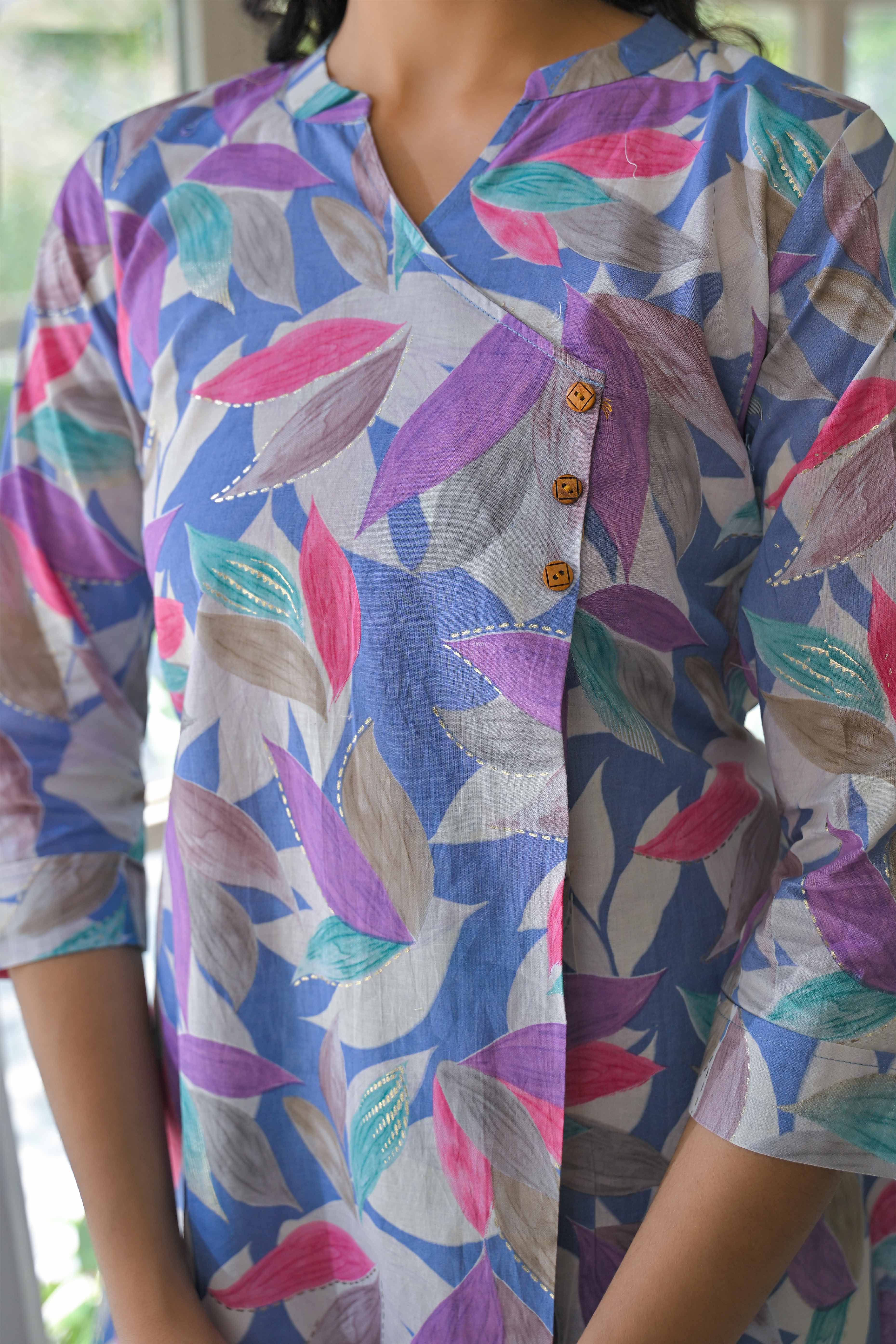 Multicolor Floral Foil Printed Pure Cotton A-Line Top Bottom Set