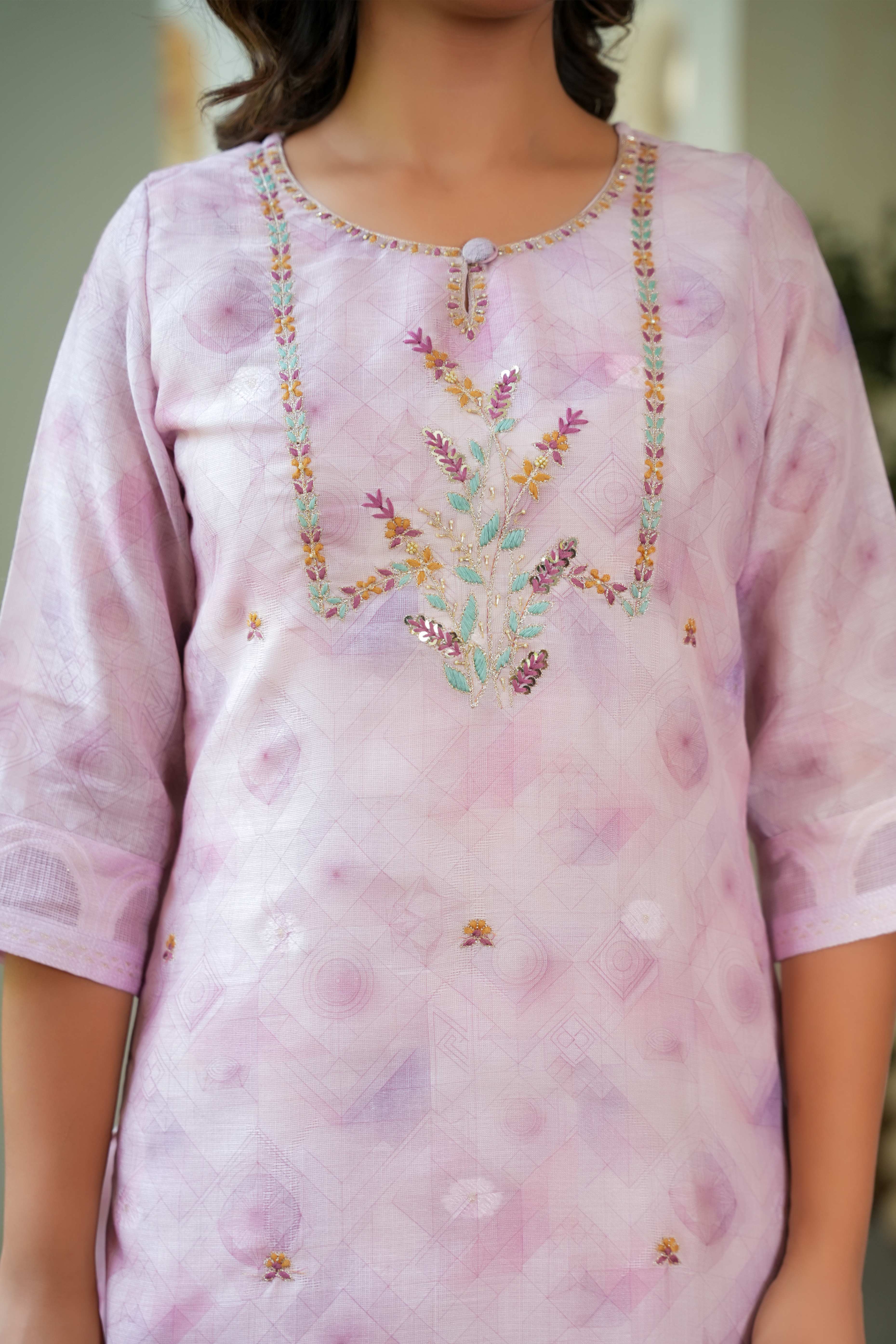 Sophisticated Onion Pink Linen Jacquard Suit Adorned with Floral Embroidered Patterns