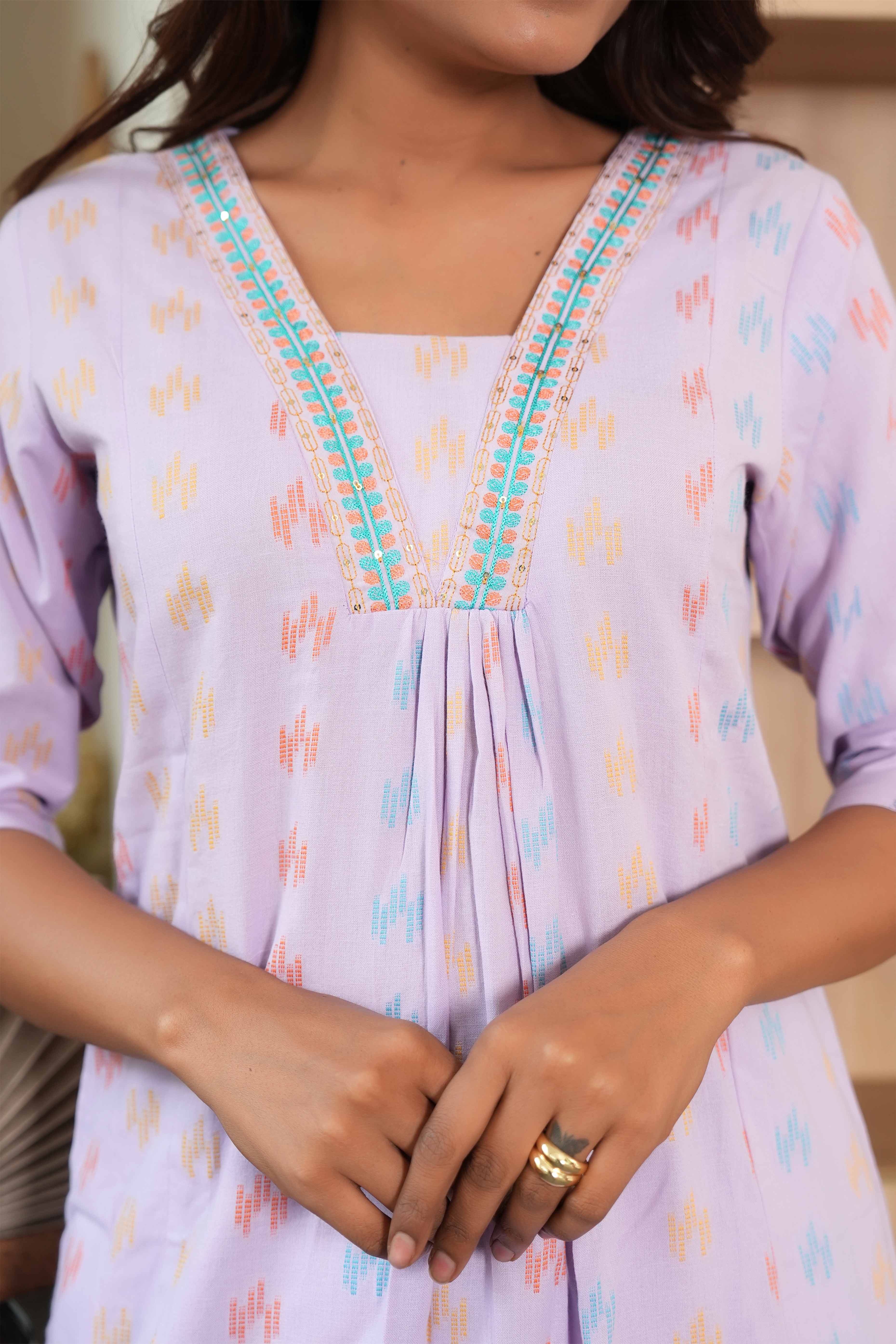 Lavender Textured Weave Pure Cotton Kurta Set – A-Line Style