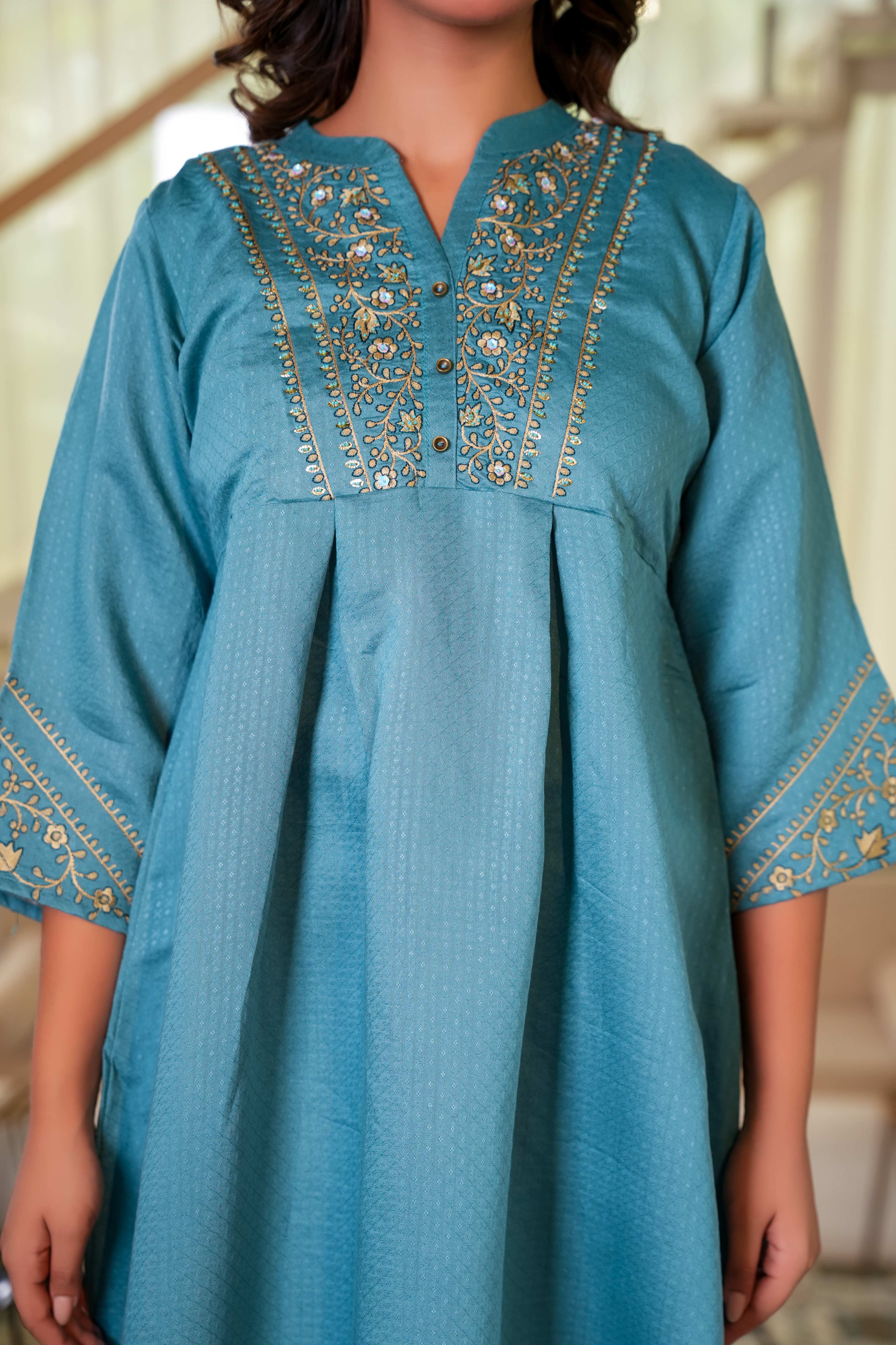 Sea Green Co-Ord Outfit in Viscose Fabric with Neck Embroidery Accent