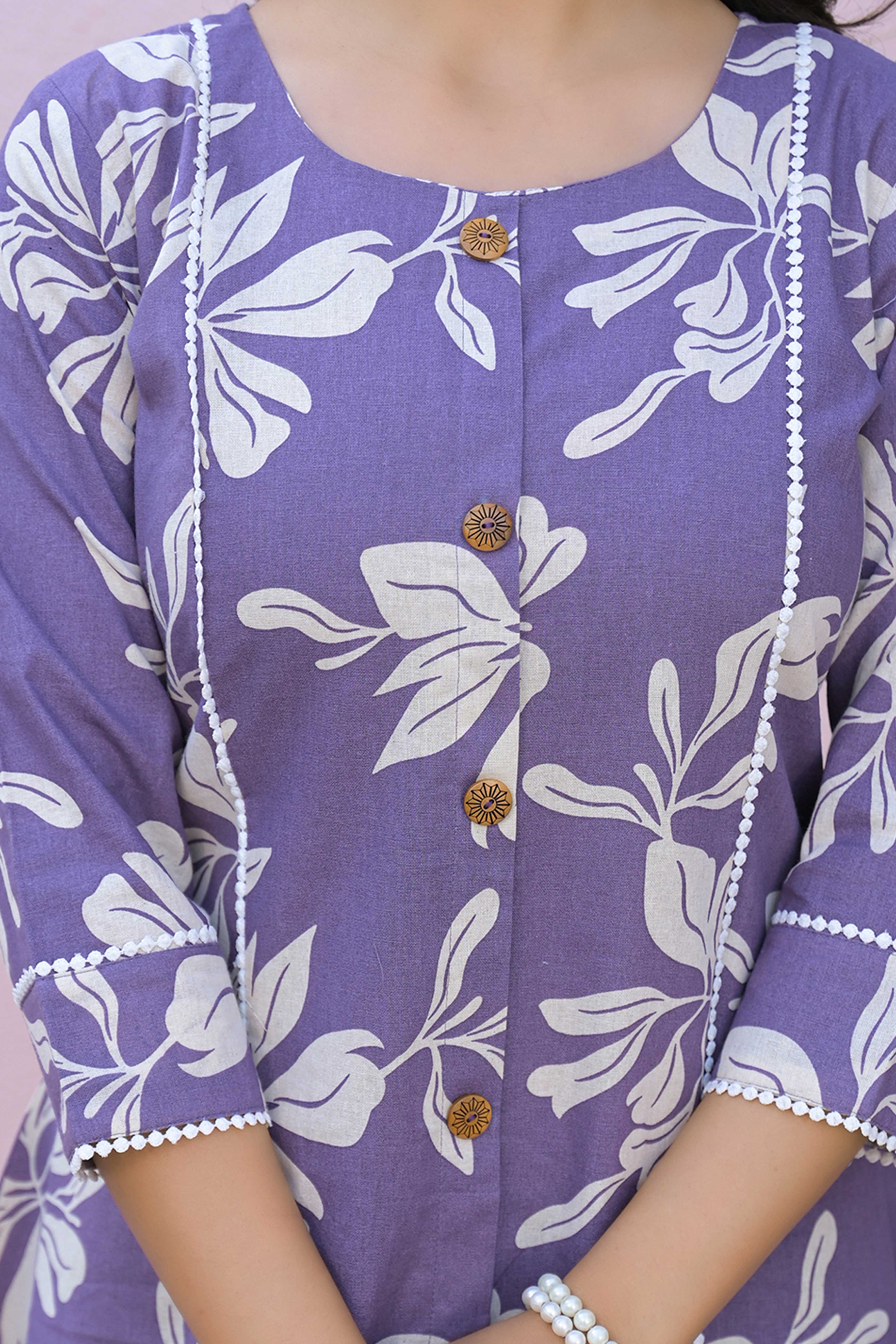 Purple Floral Printed Pure Cotton A-Line Top