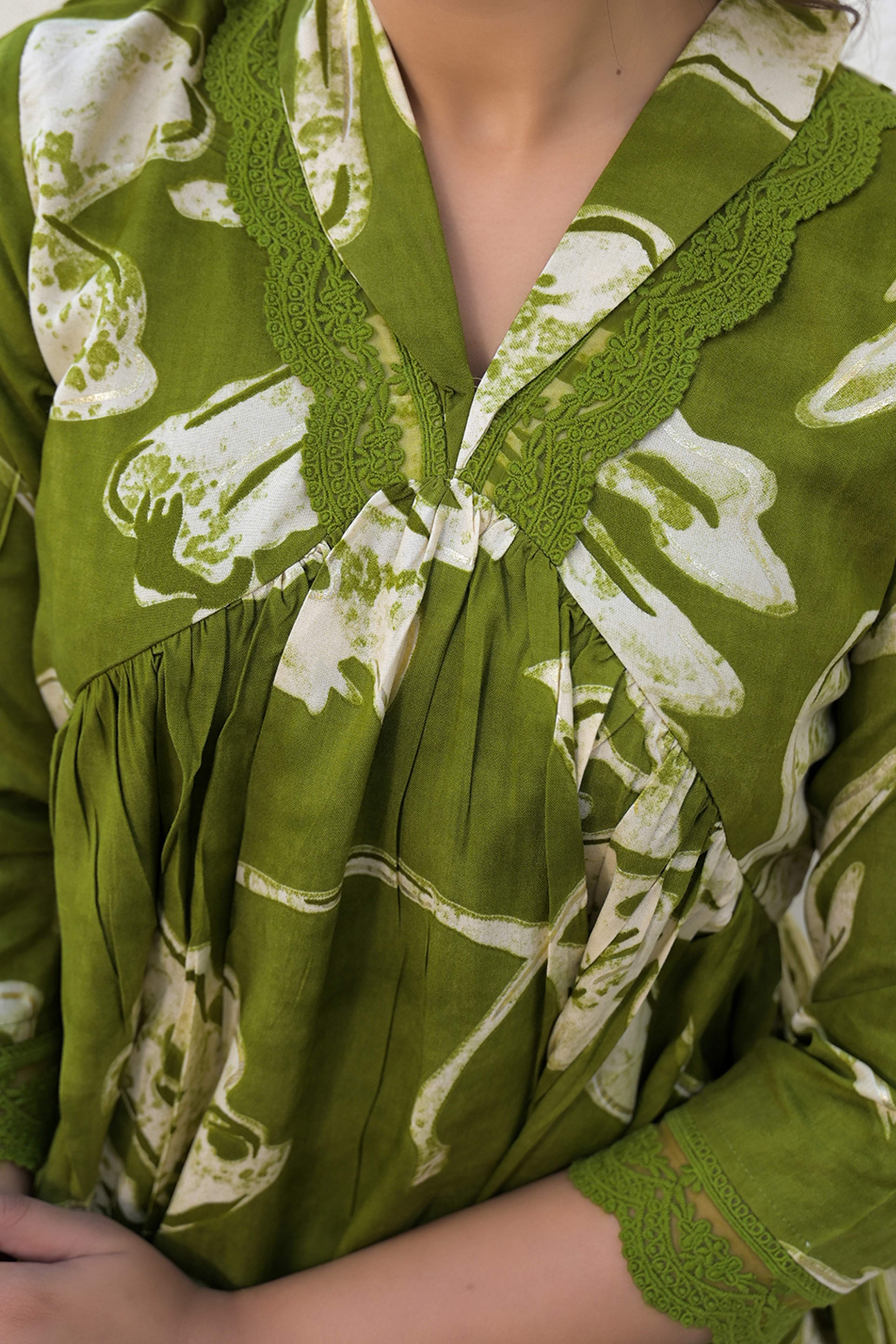 Flourishing Print Green Rayon A-Line Co-Ord Set