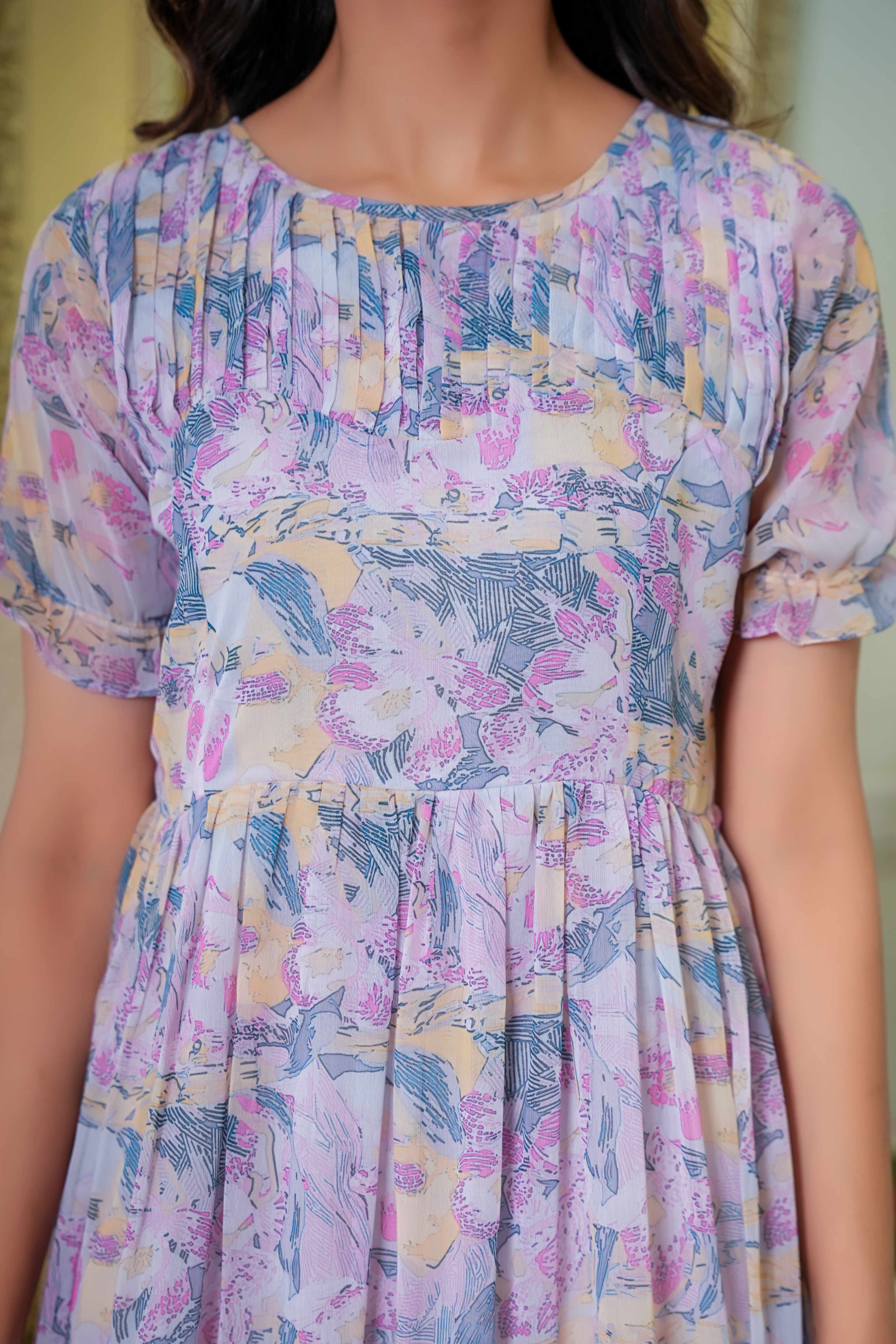 Floaty Lavender Floral Print Maxi Dress in Chiffon