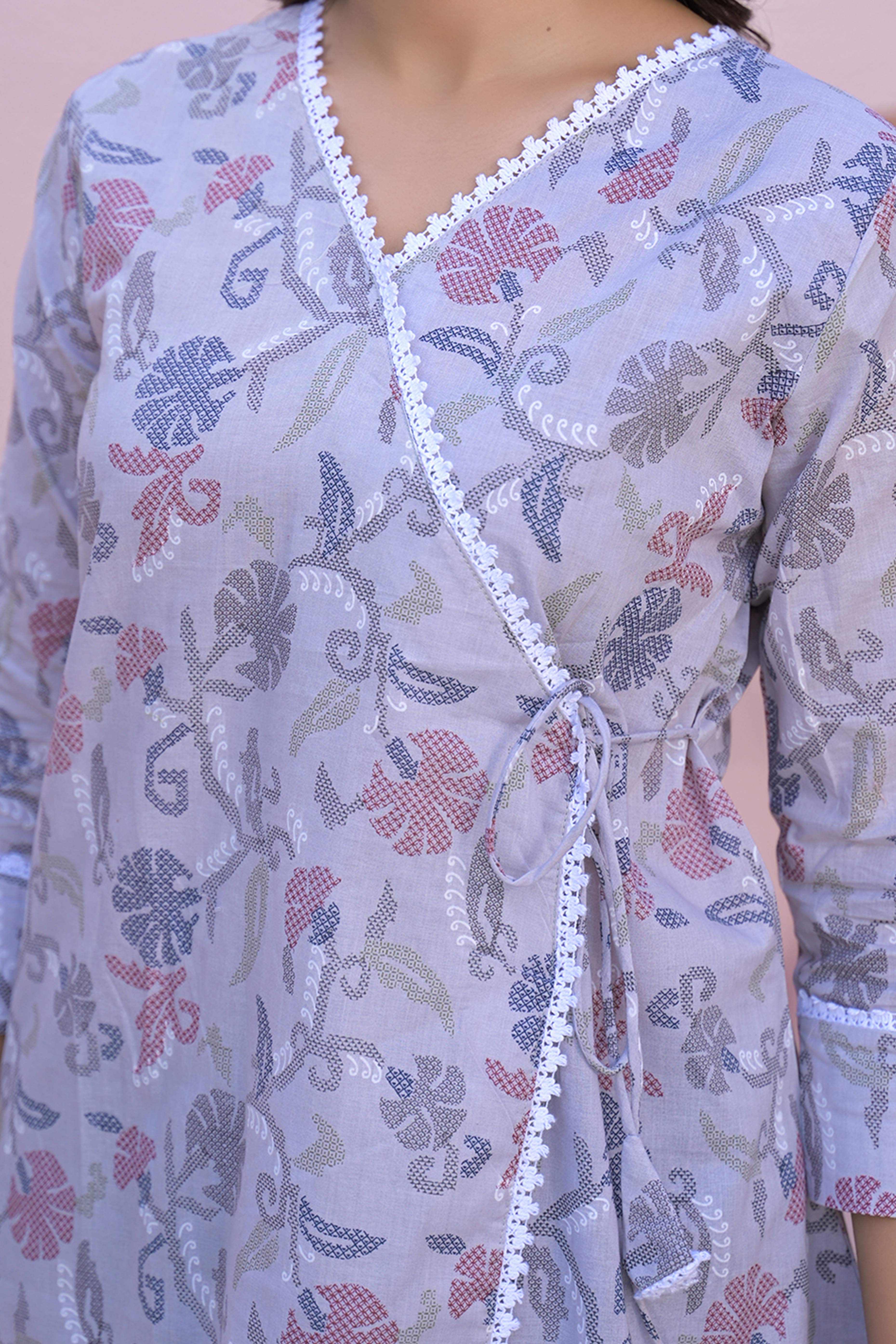 Floral Print Grey Angrakha Style Pure Cotton Top