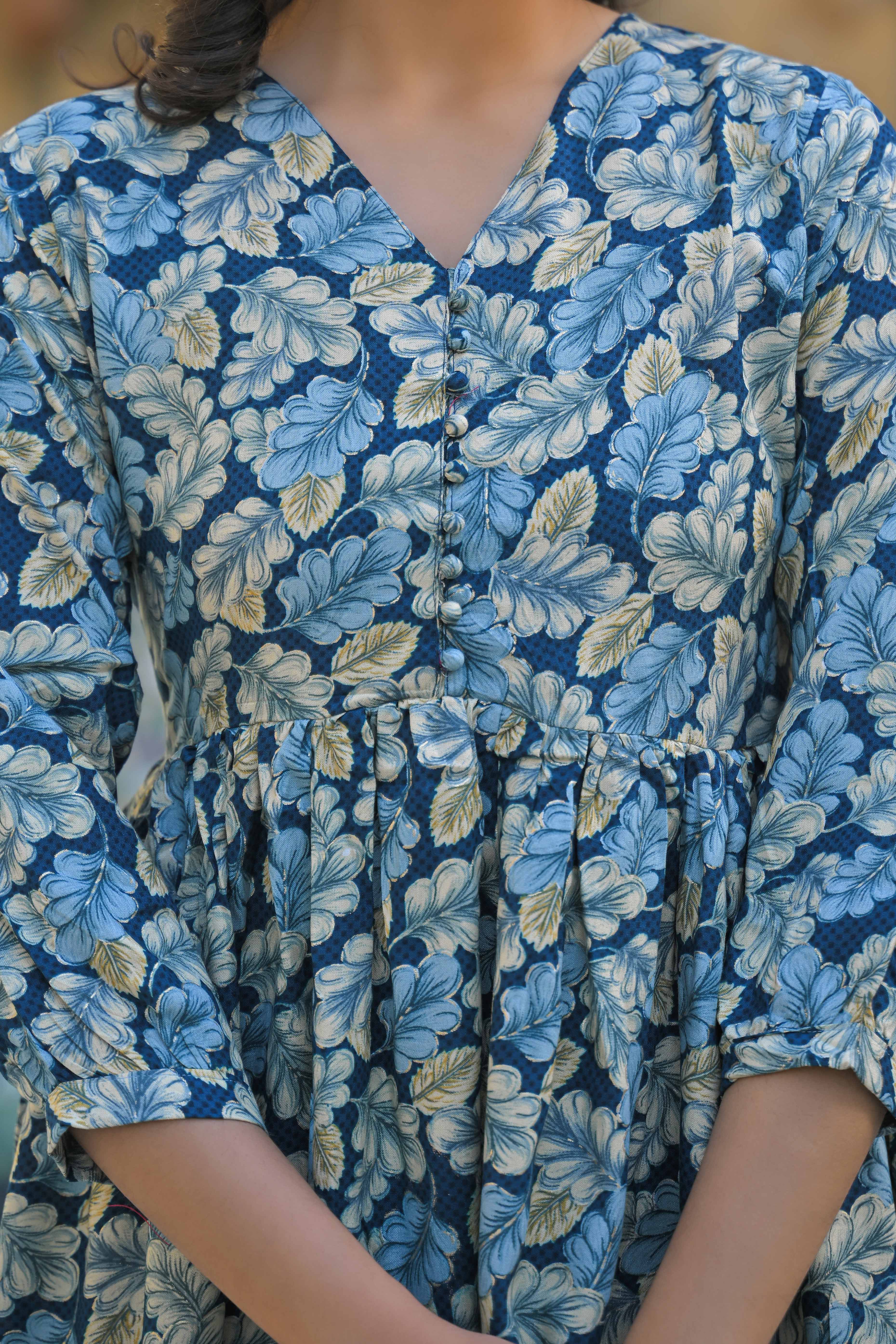 Turquoise Floral Printed Rayon A-Line Top