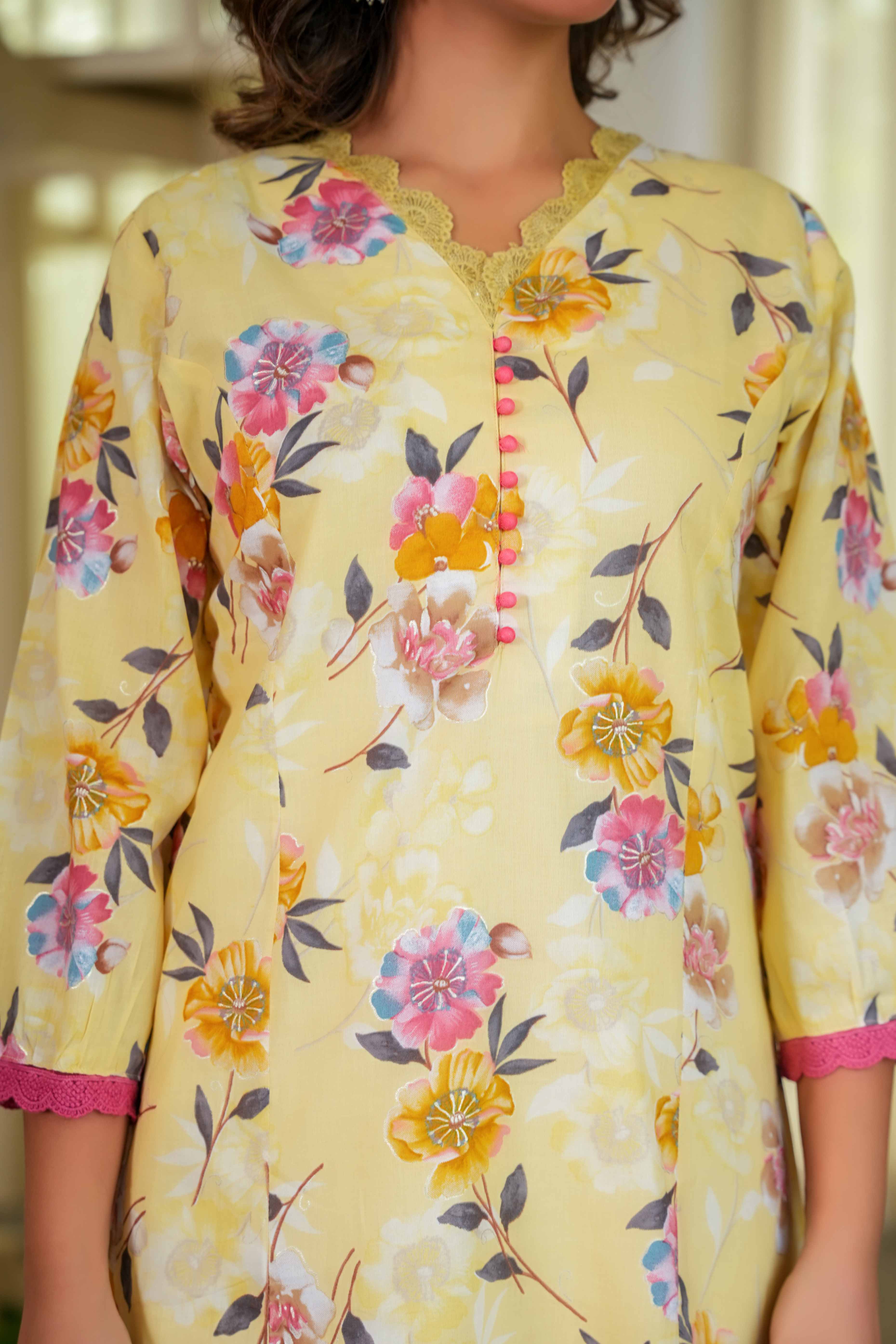 Pure Cotton Yellow Kurti with Feminine Floral Prints and Straight Cut Design