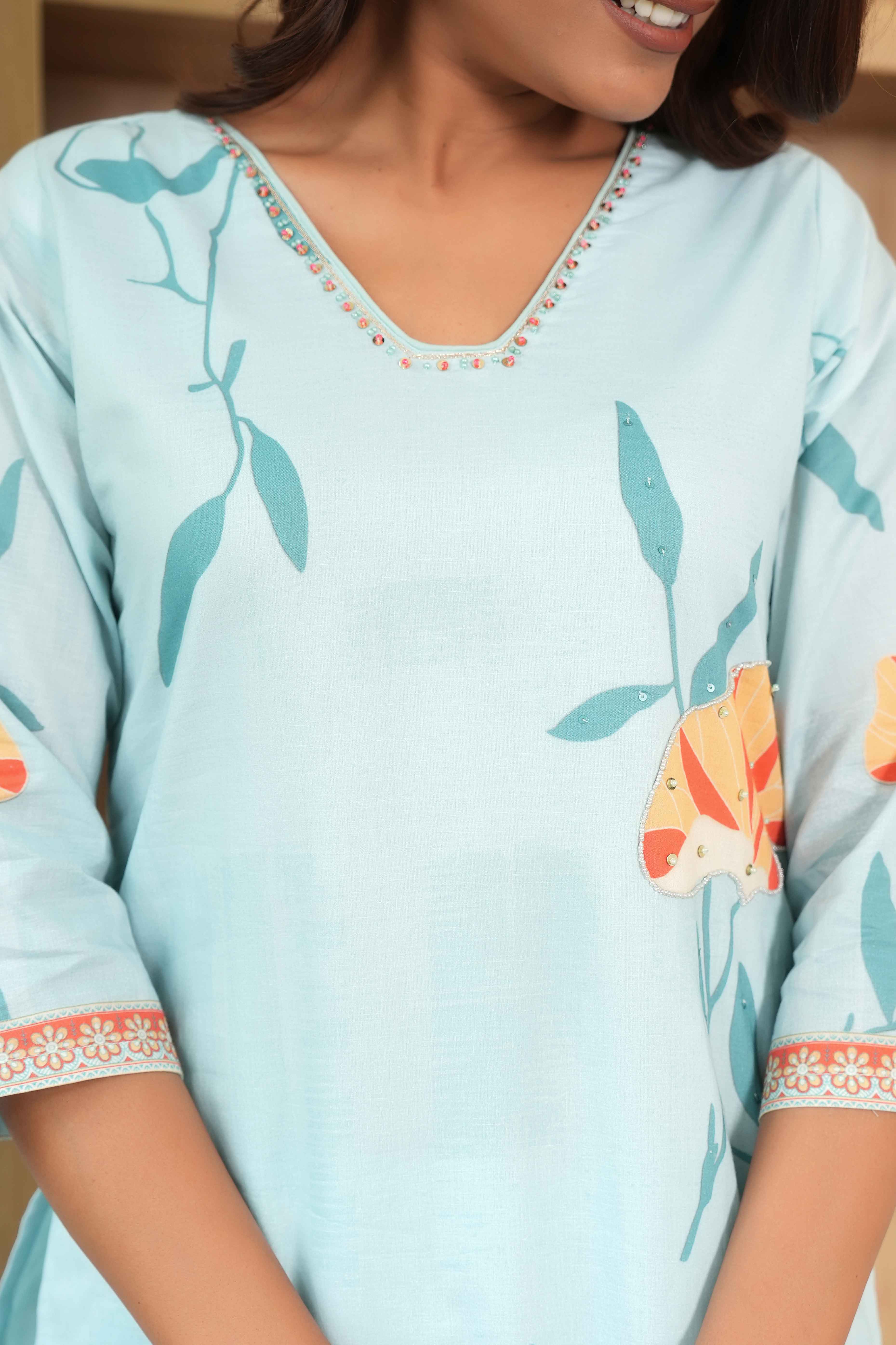 Powder Blue A-Line Kurta Set in Soft Pure Cotton with Floral Design