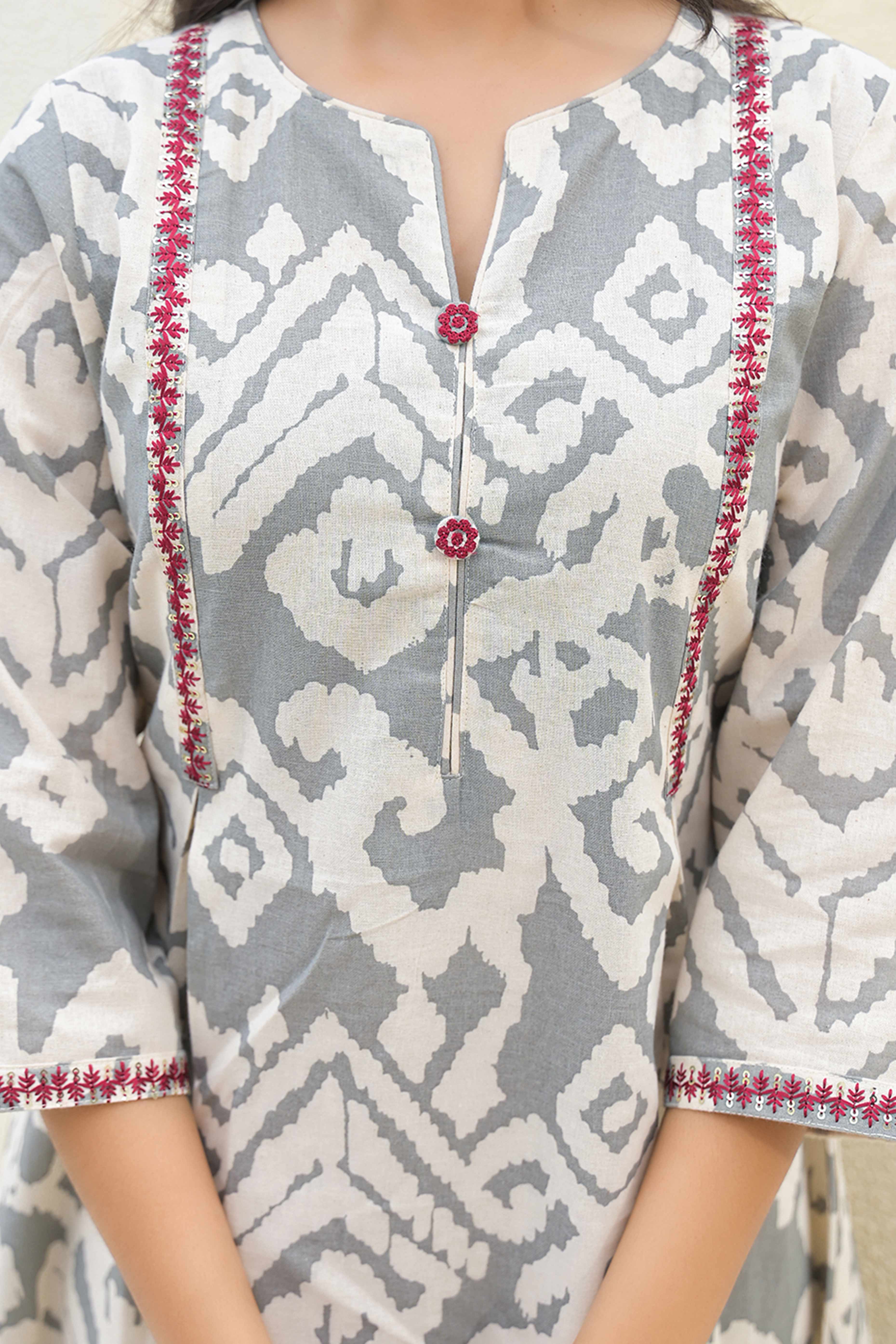 Pure Cotton Grey A-Line Kurti with Ethnic Ikkat Patterns