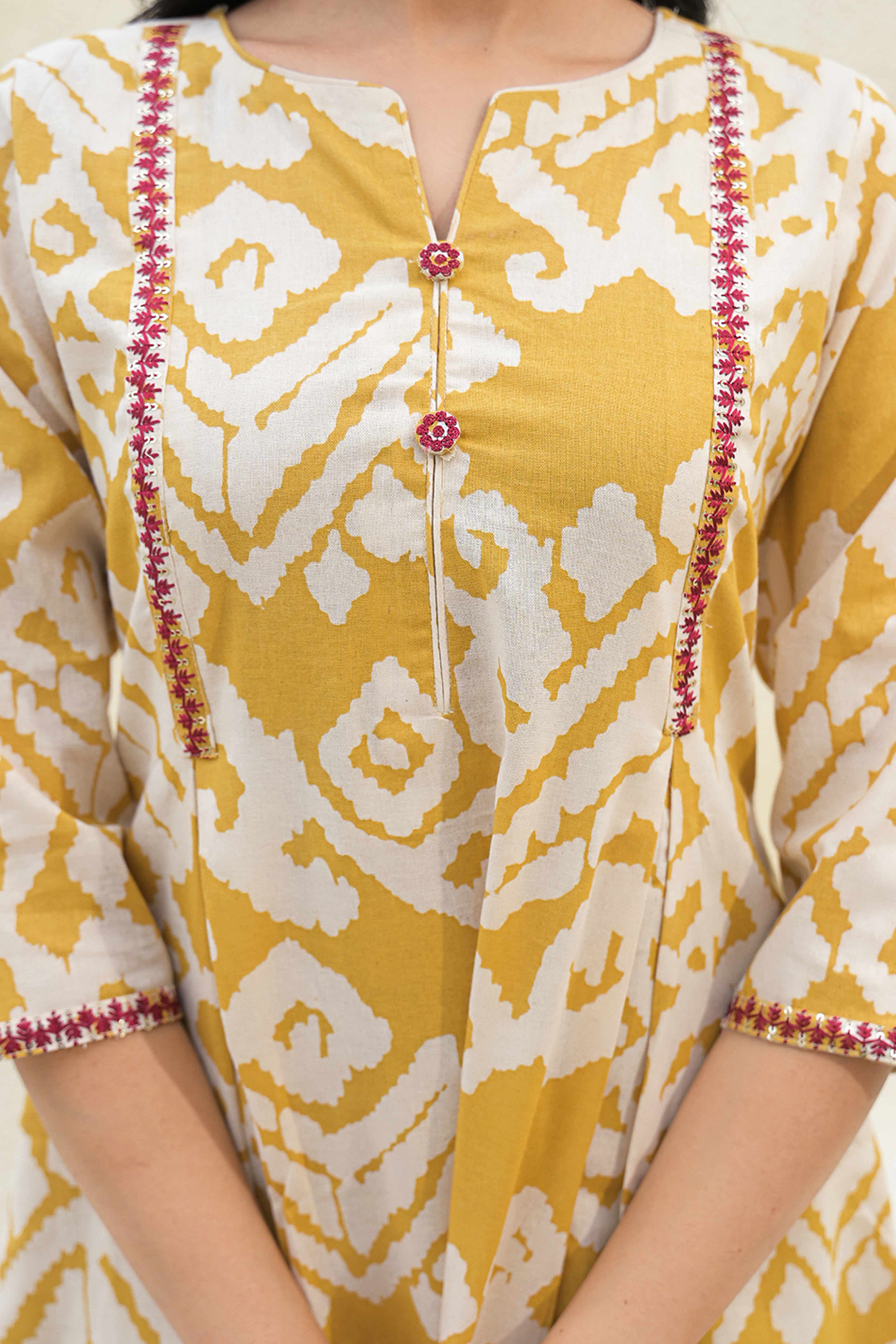 Pure Cotton Mustard A-Line Kurti with Ethnic Ikkat Patterns