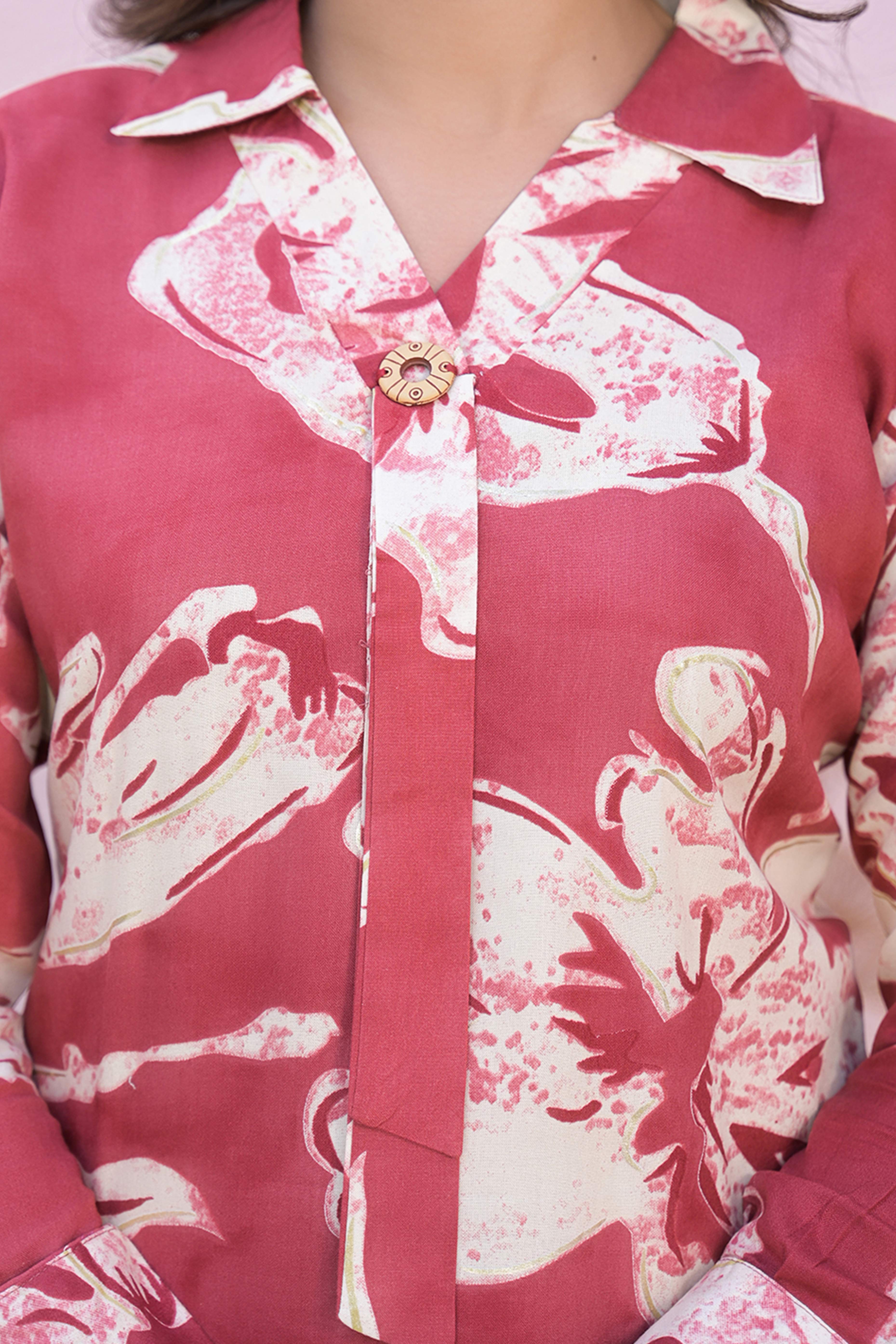 Graceful Cherry Red Rayon Straight Top With A Charming Floral Print
