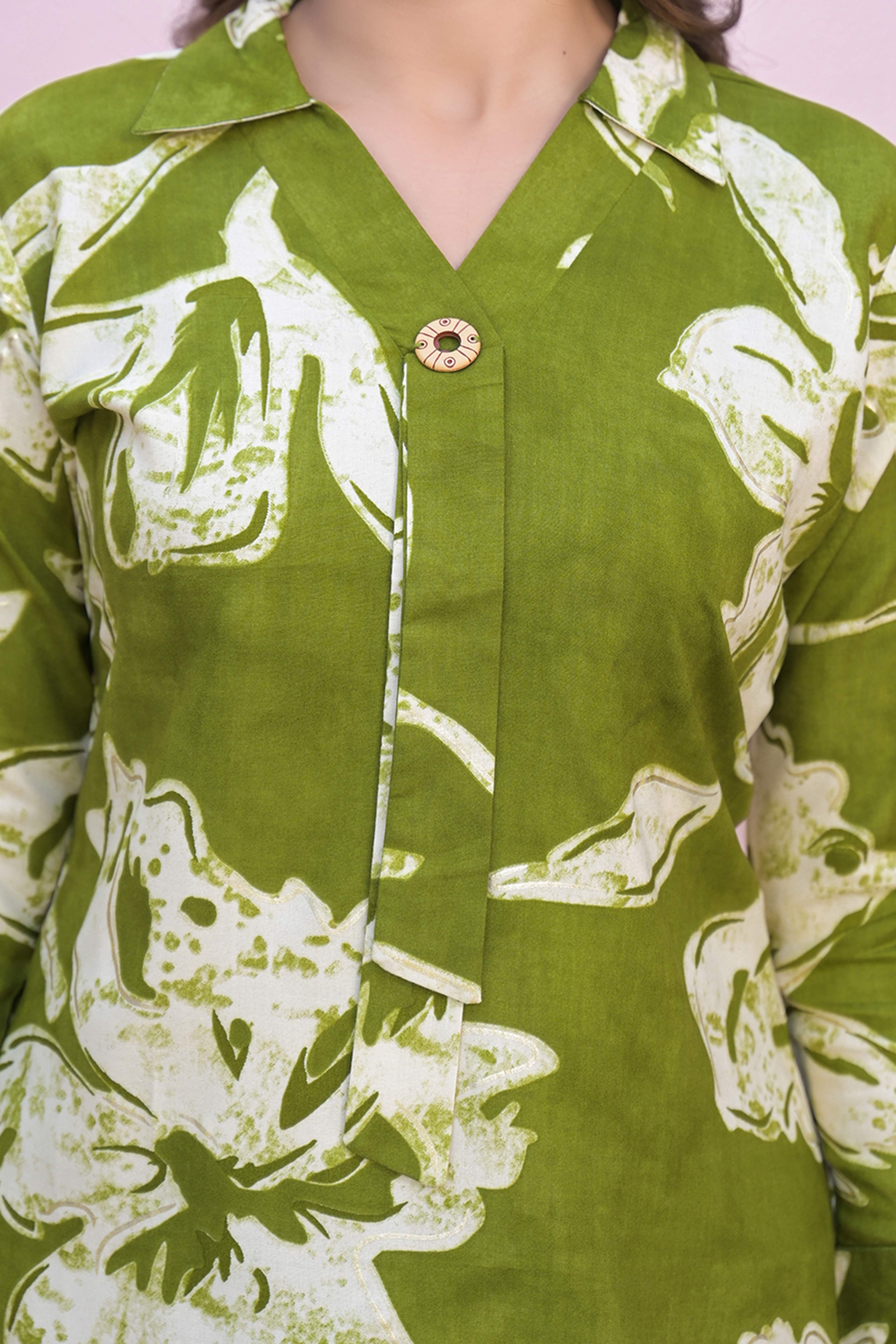Graceful Green Rayon Straight Top With A Charming Floral Print