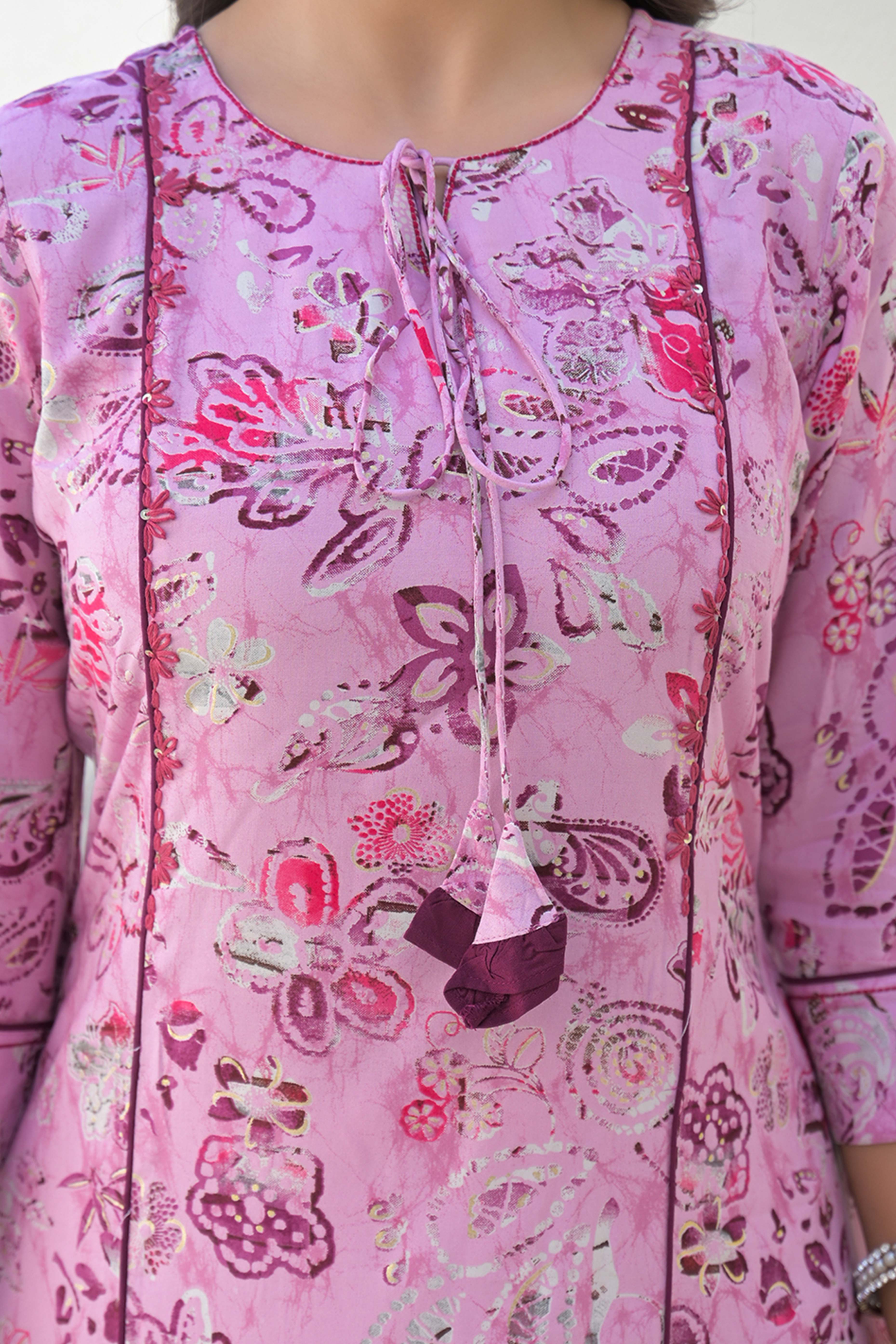 Light Purple Floral Printed Rayon A-Line Cut Kurti