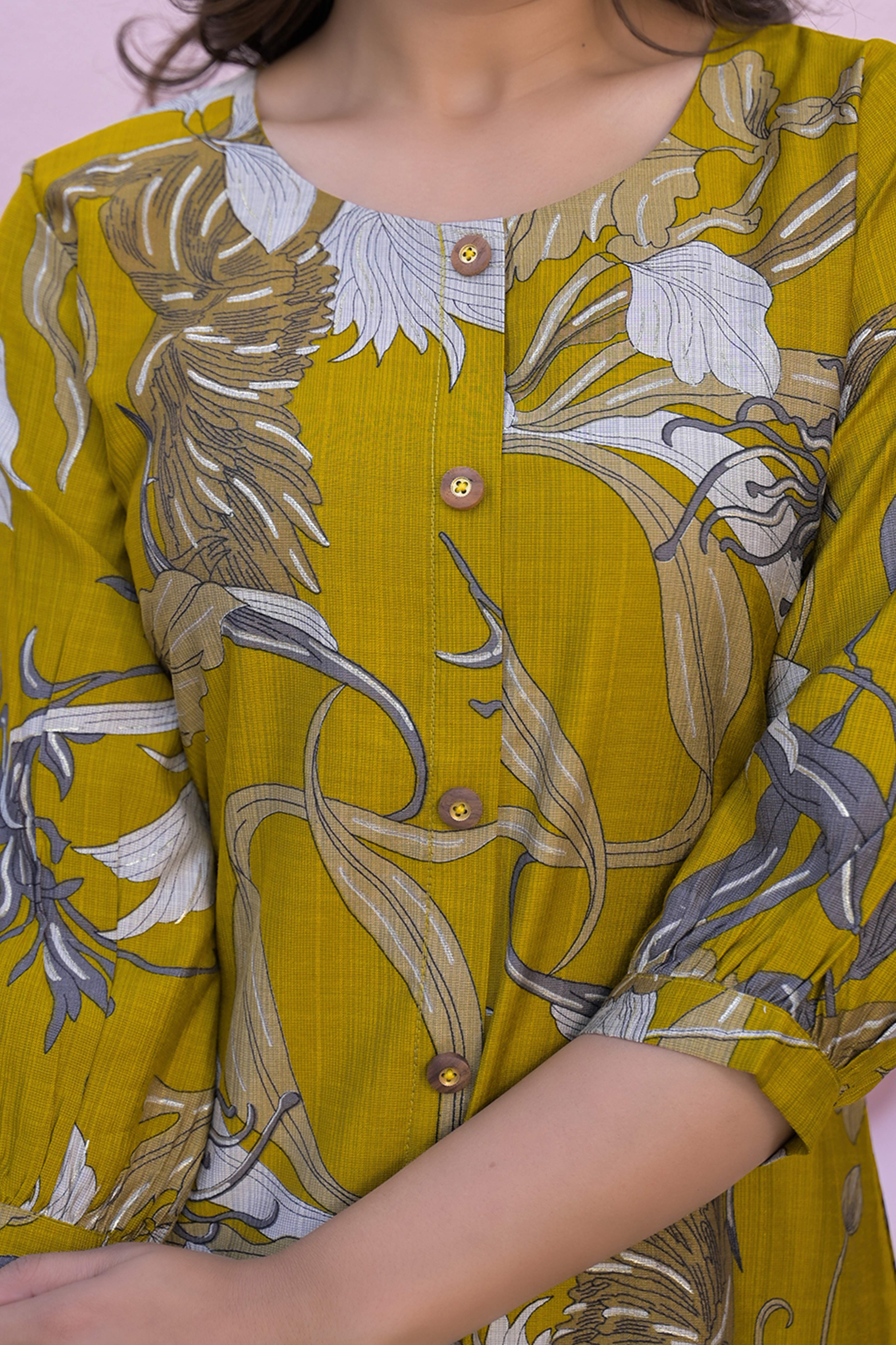 Mustard Floral Printed A-Line Kurti in Pure Cotton Fabric