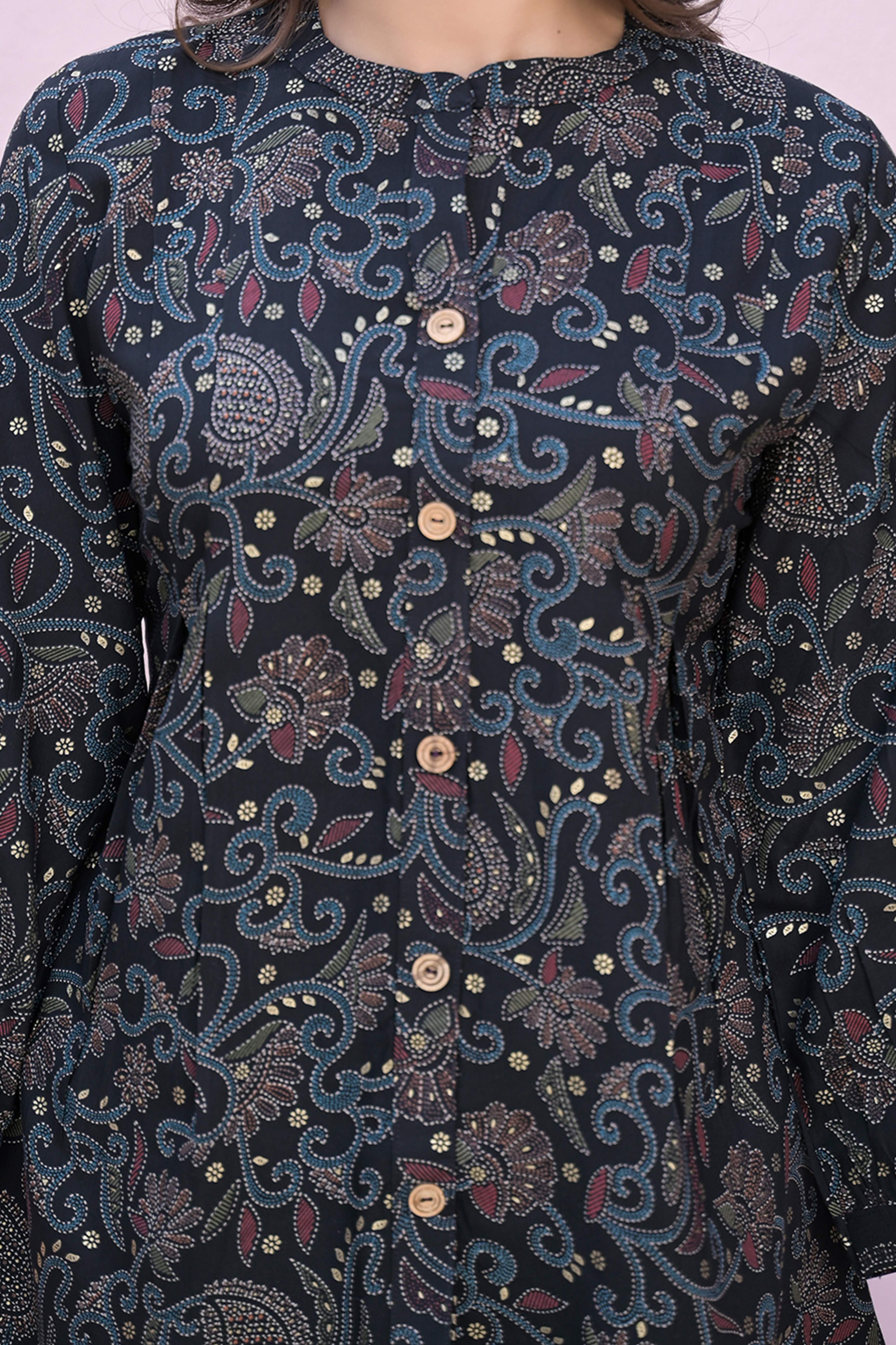 Black Rayon A-Line Top with Elegant Floral Foil Prints