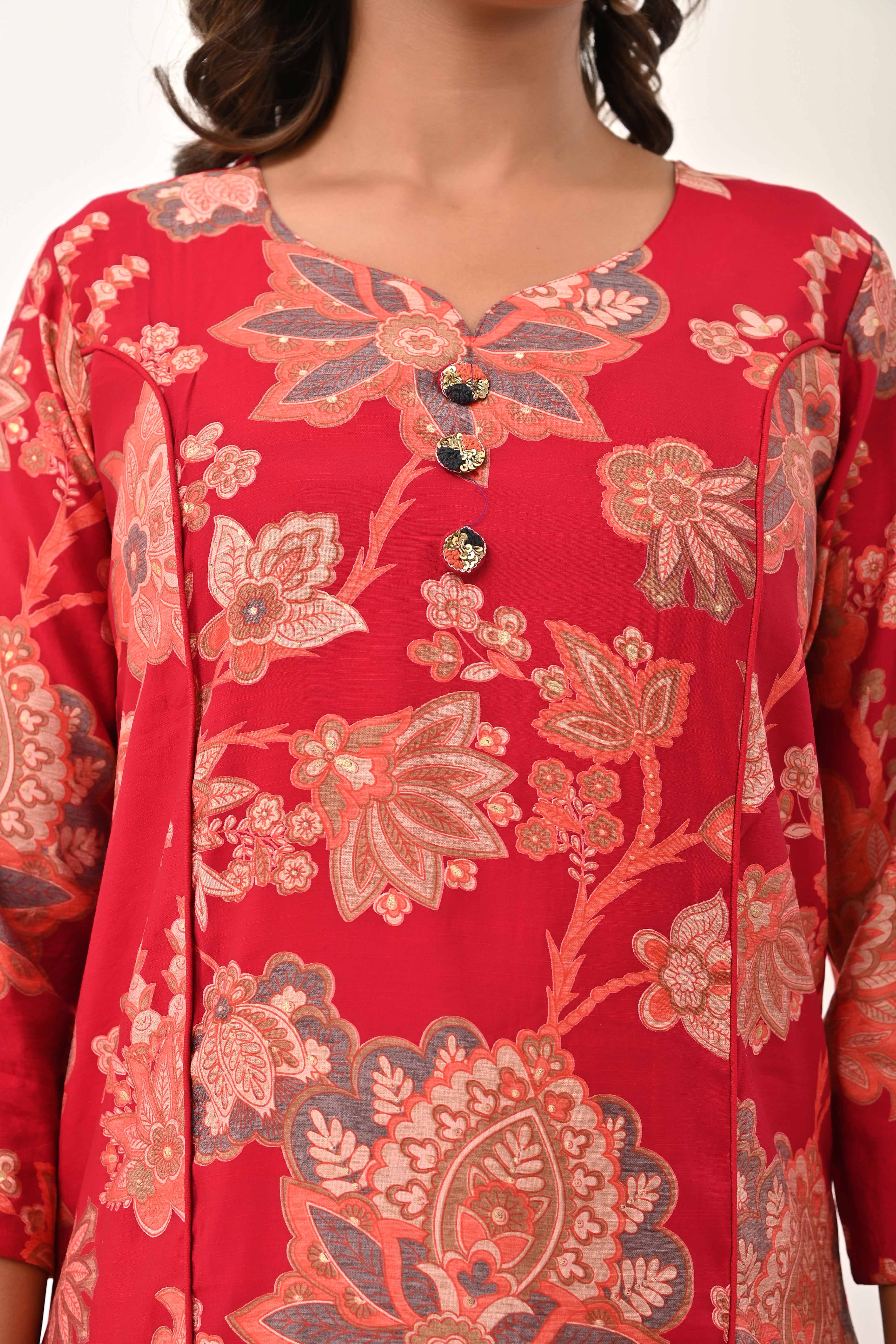 Red Chanderi Silk Kurti Dress with Artistic Floral Prints