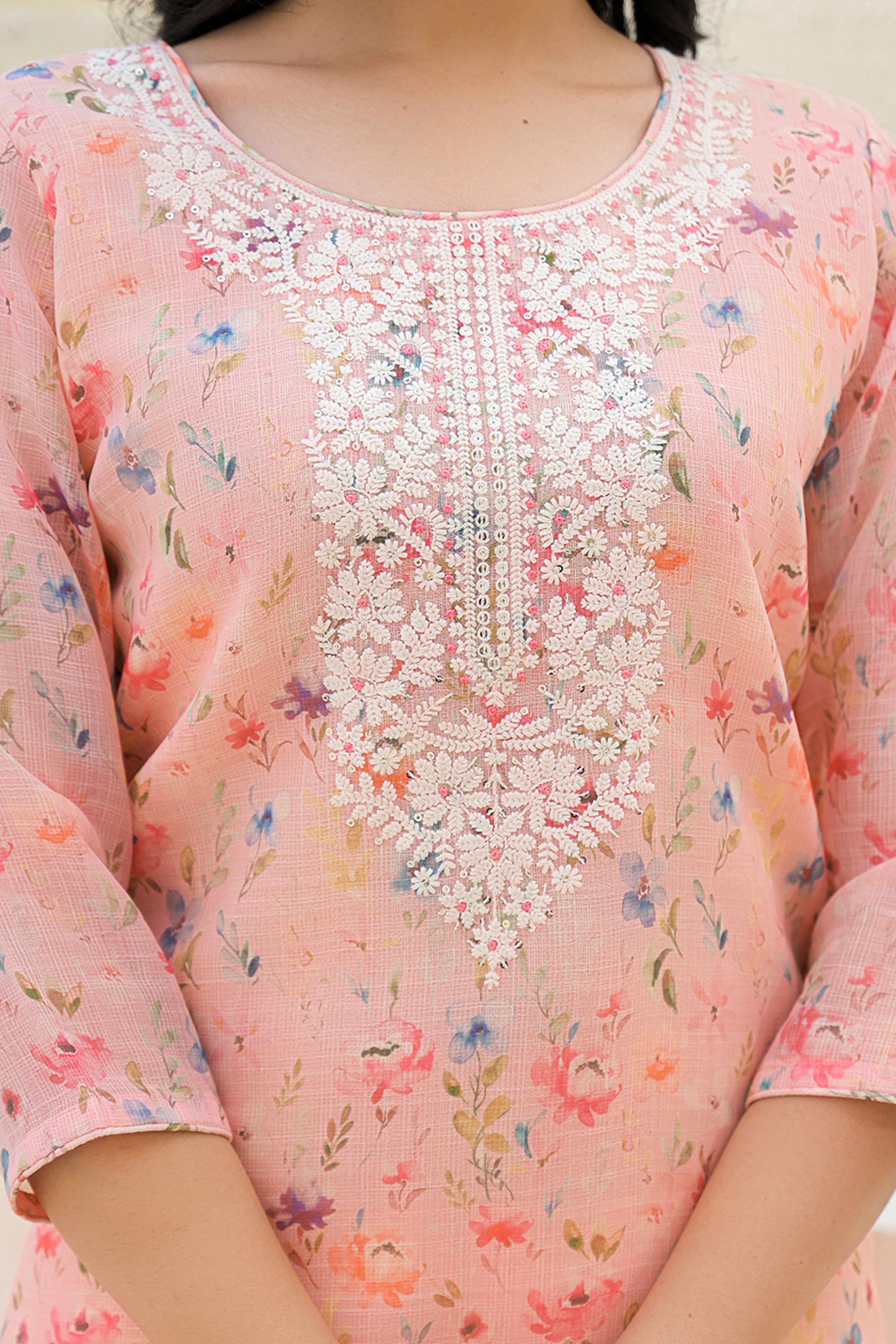 Graceful Peach Floral Printed Suit in Linen with Delicate Chikankari Embroidery