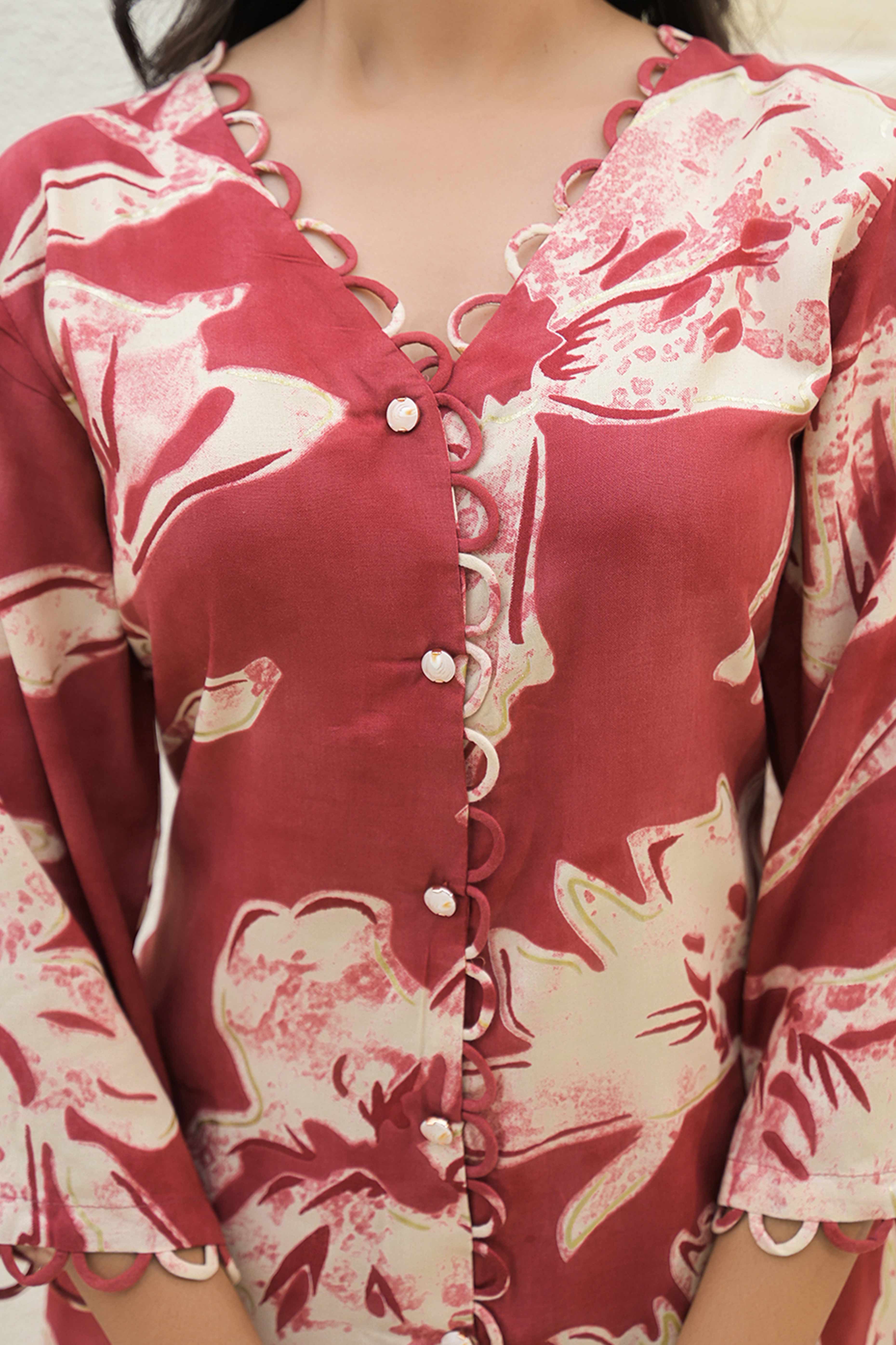 Cherry Red Rayon Co-Ord Set with Straight Cut and Feminine Floral Designs