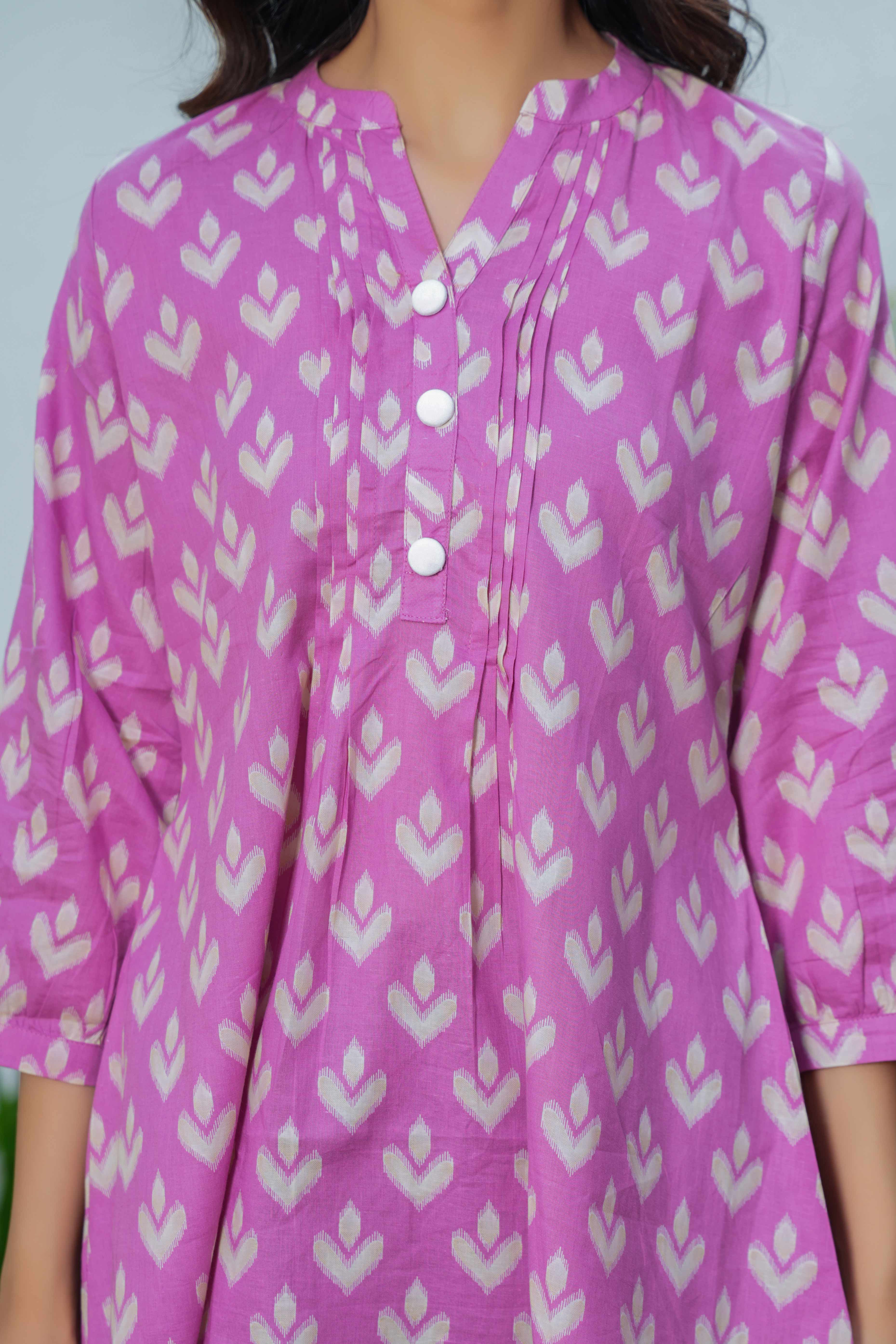 Pink Ikkat Printed Pure Cotton A-Line Tunic for Everyday Wear
