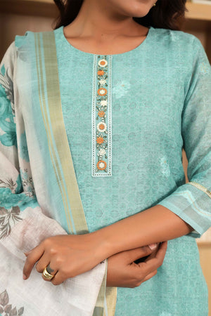 Light Green Printed Linen Jacquard Suit with Graceful Lace Work Detailing