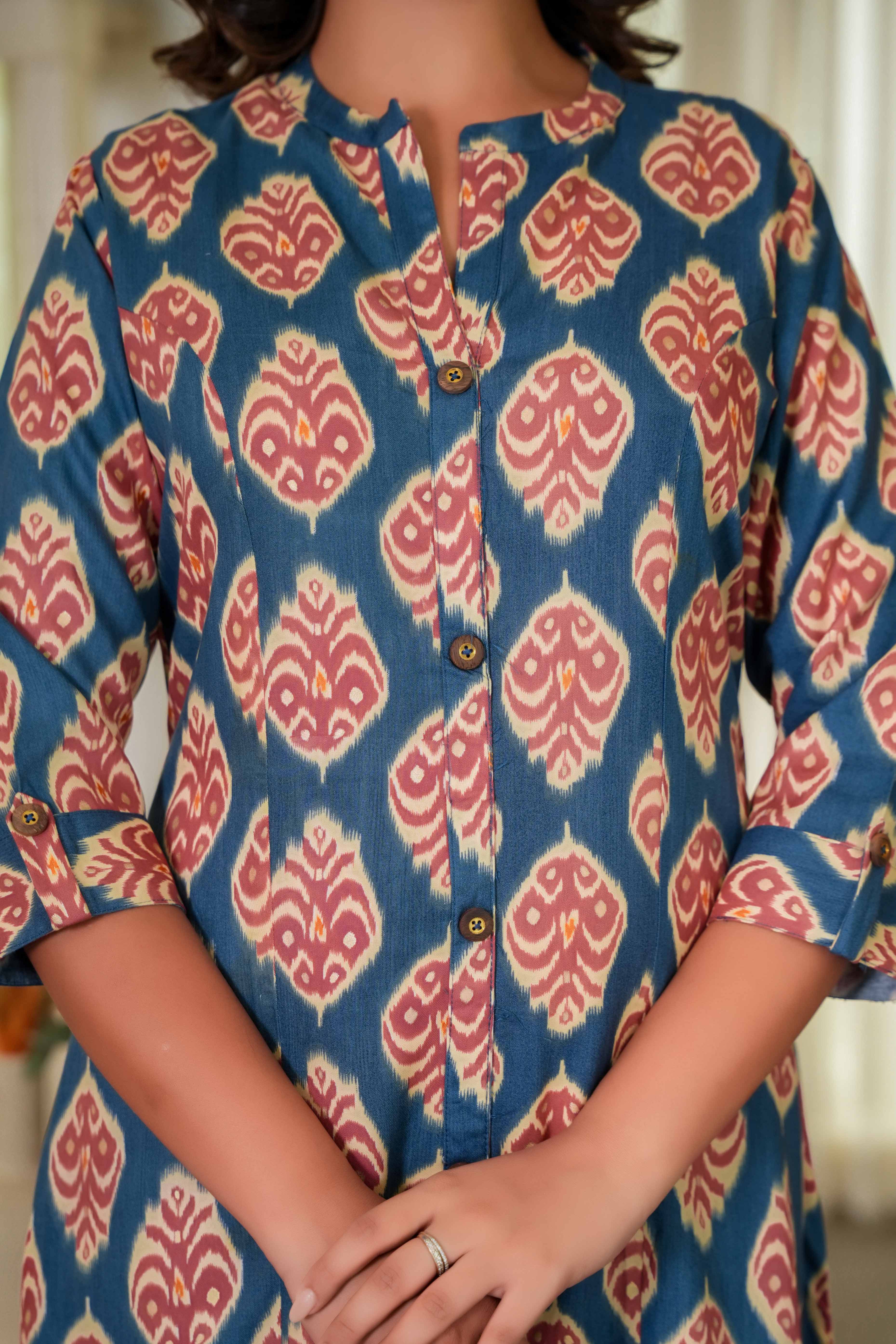 Teal Ikkat Patterned Straight Kurti in Soft Poly Rayon Fabric for All-Day Comfort