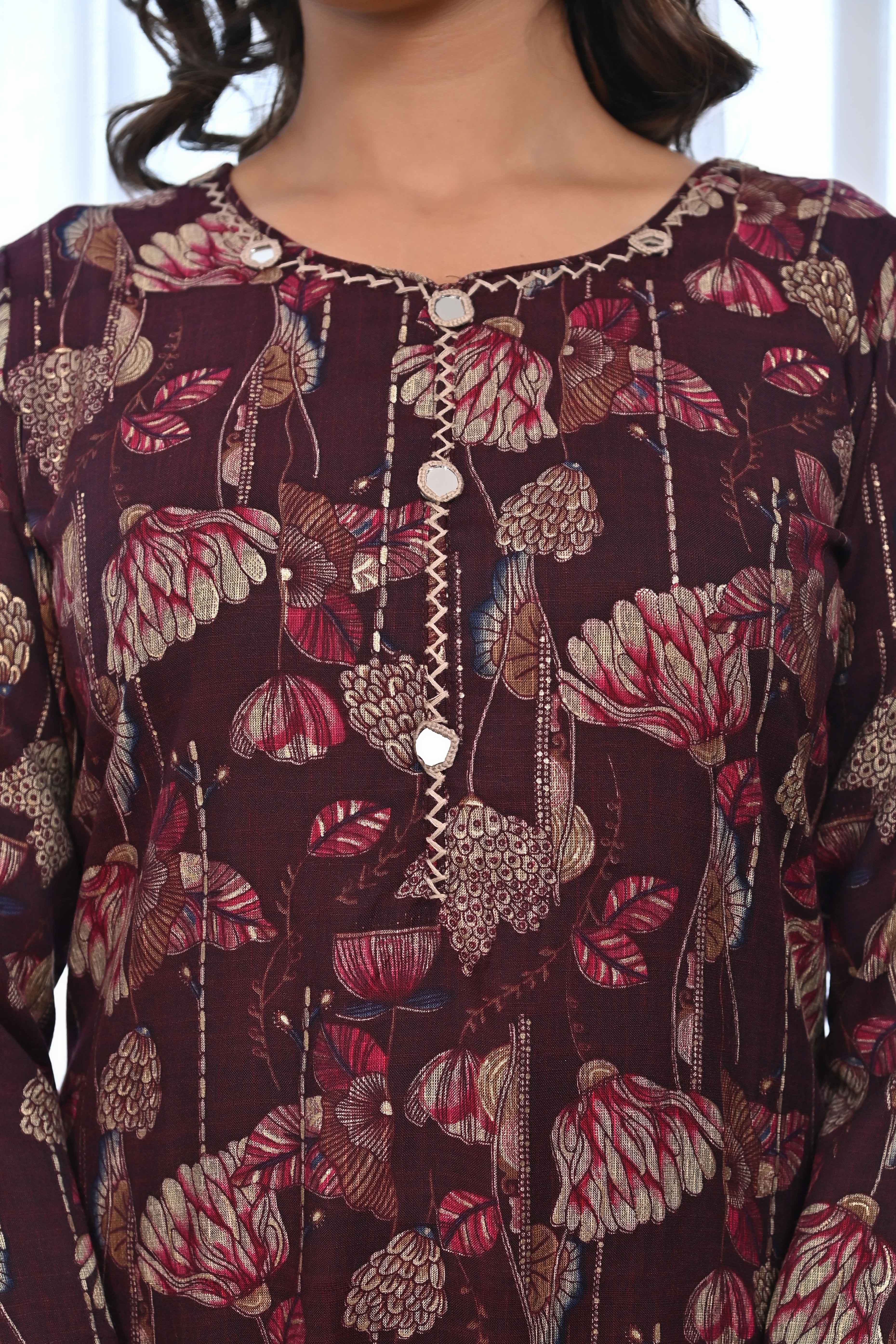 Elegant Wine Rayon Salwar Suit With Floral Prints & Mirror Thread Embellishments