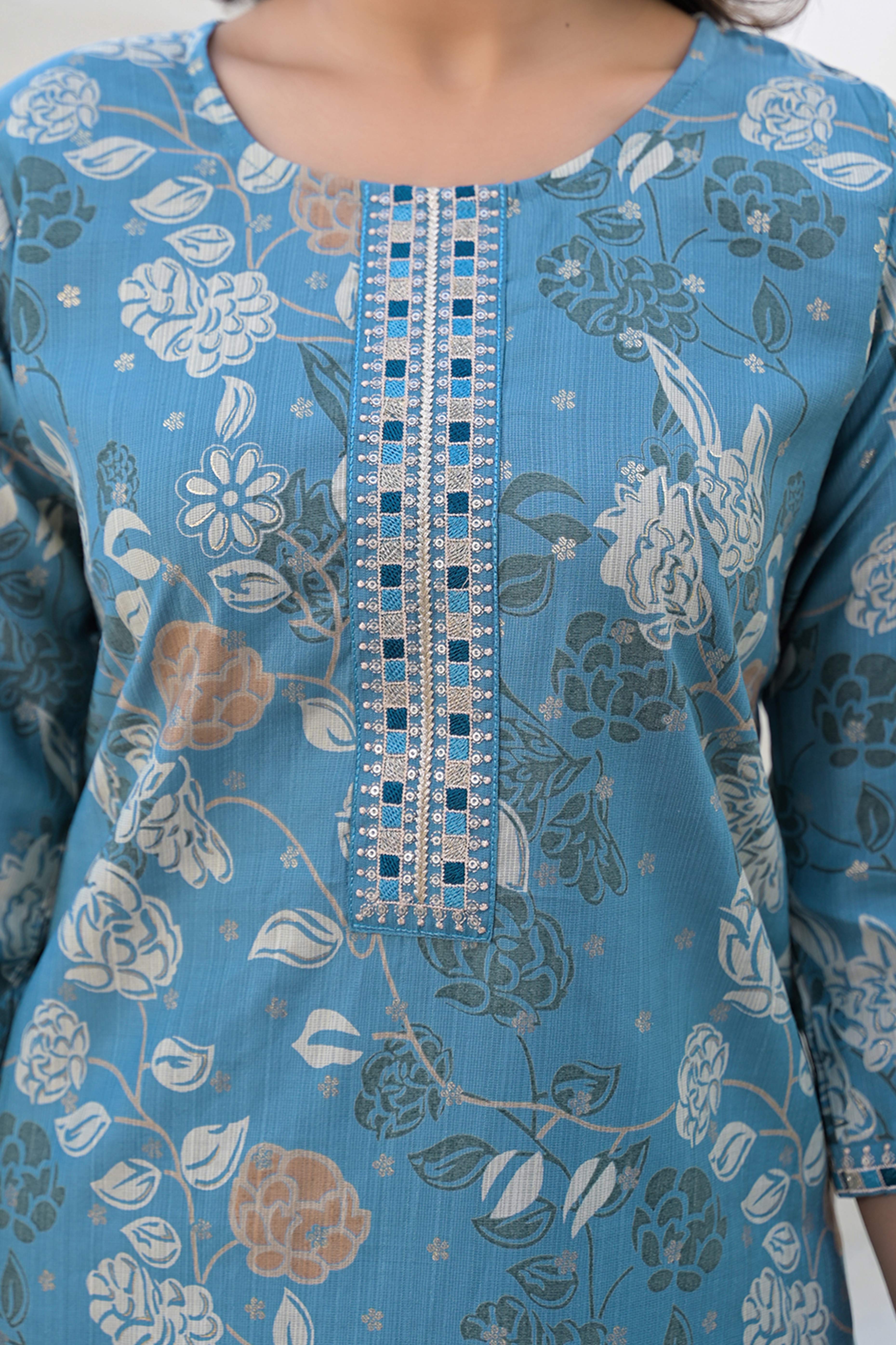 Blue Straight Viscose Salwar Suit With Delicate Floral Prints