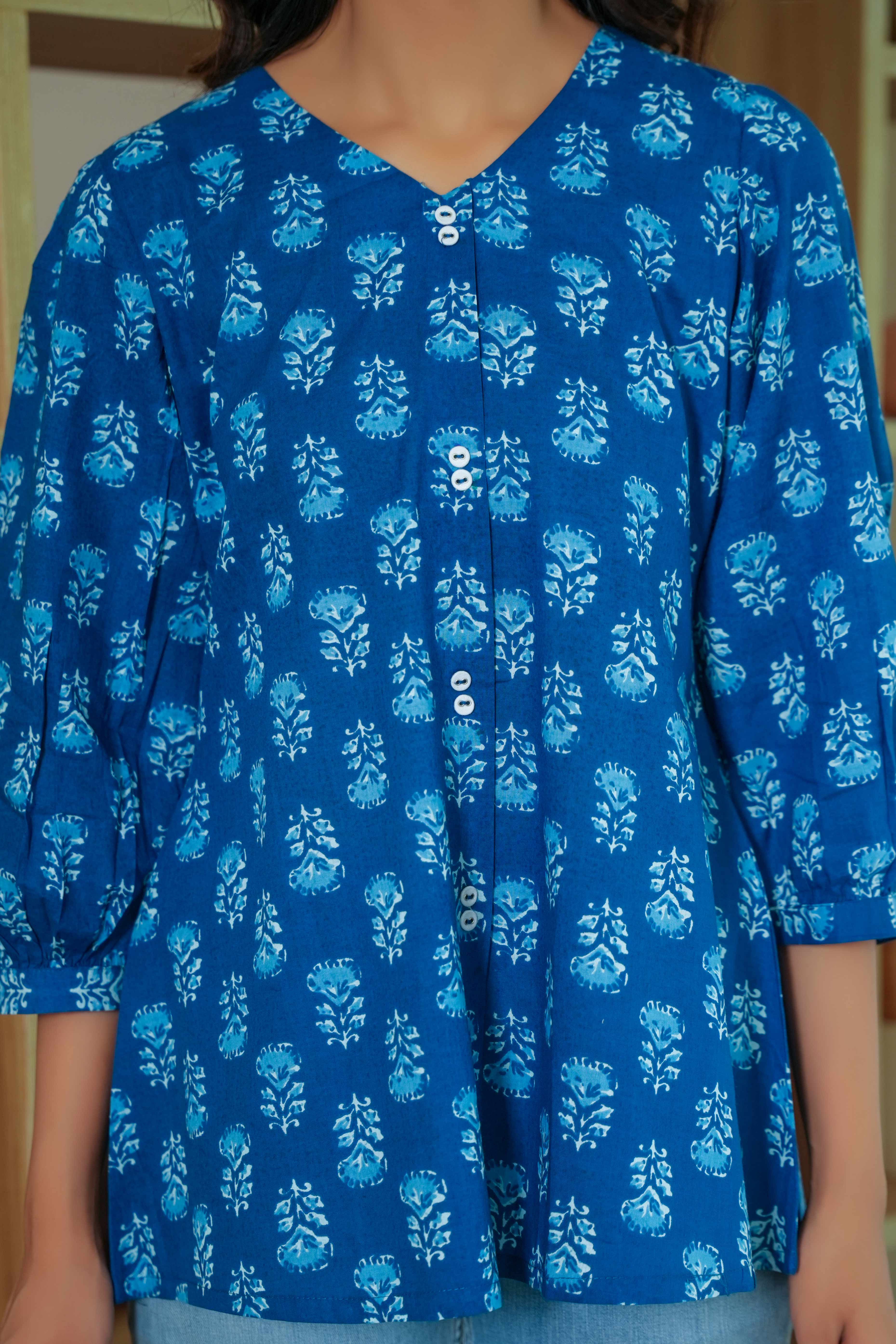 Floral Printed Navy Blue Pure Cotton A-Line Top for a Breezy Casual Look