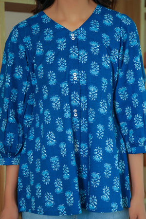 Floral Printed Navy Blue Pure Cotton A-Line Top for a Breezy Casual Look