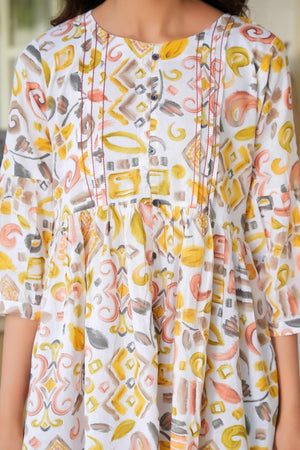 Pure Cotton A-Line Top in White & Mustard with Modern Abstract Prints