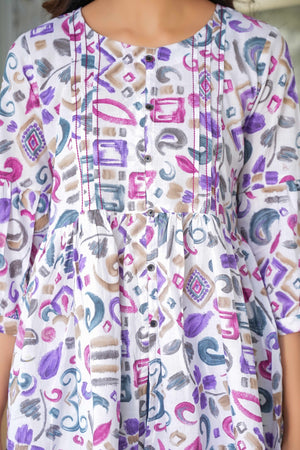 Pure Cotton A-Line Top in White & Wine with Modern Abstract Prints