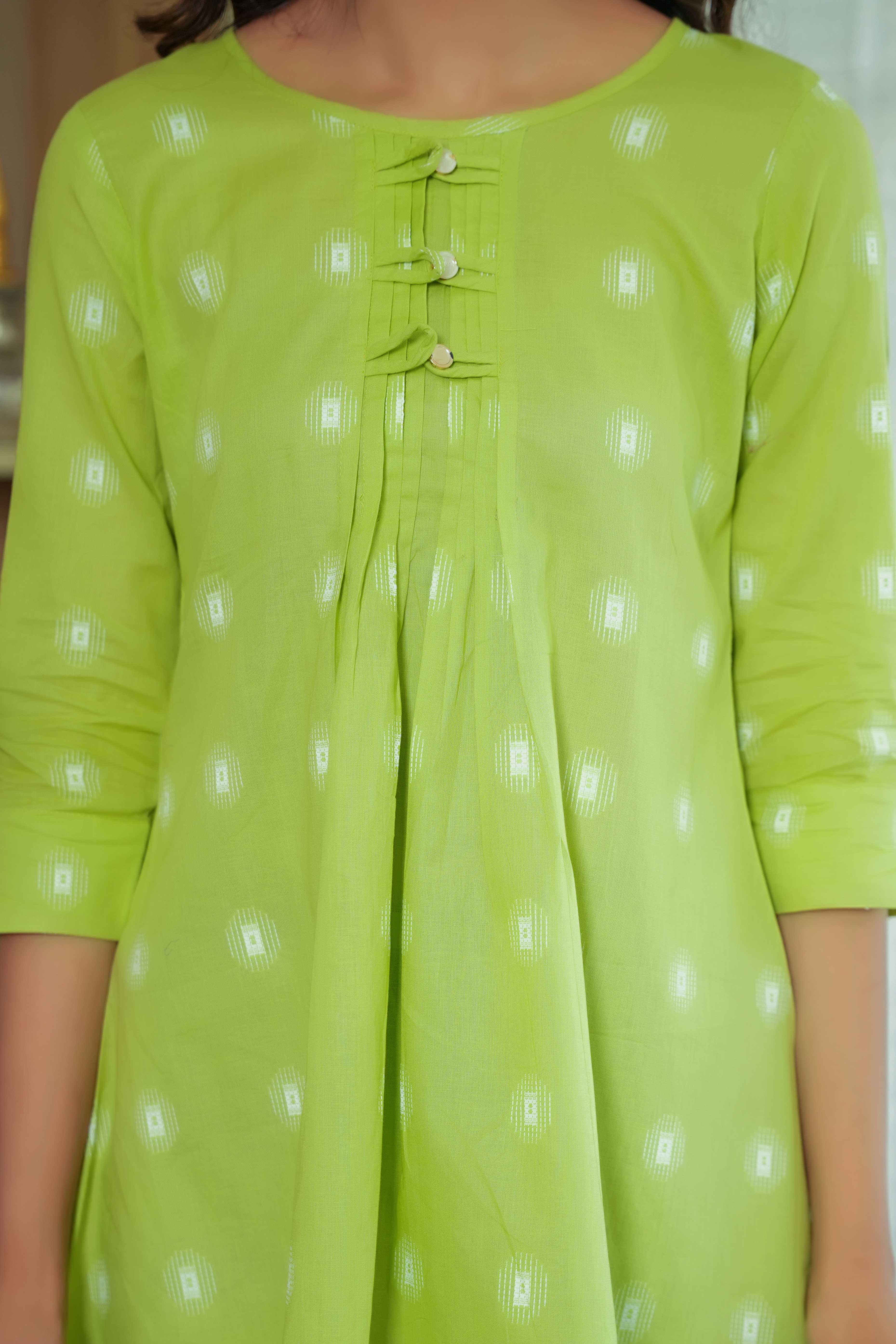 Parrot Green Short Cotton Top with Structured Geometric Weaves