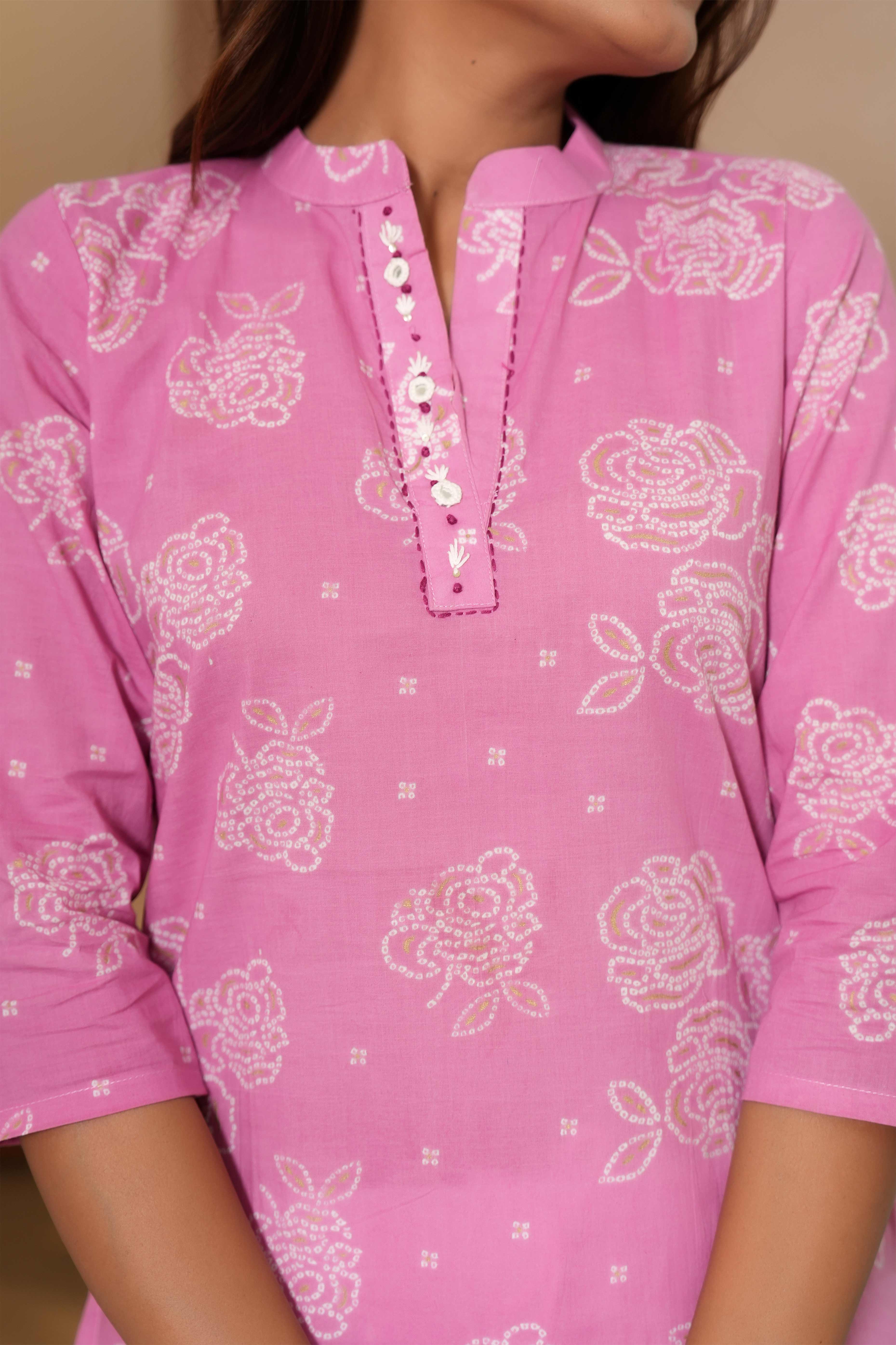 Light Pink Floral Cotton Kurti in Straight Fit For Daily Wear