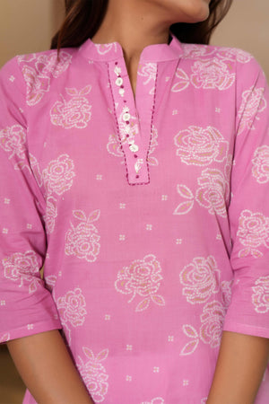 Light Pink Floral Cotton Kurti in Straight Fit For Daily Wear