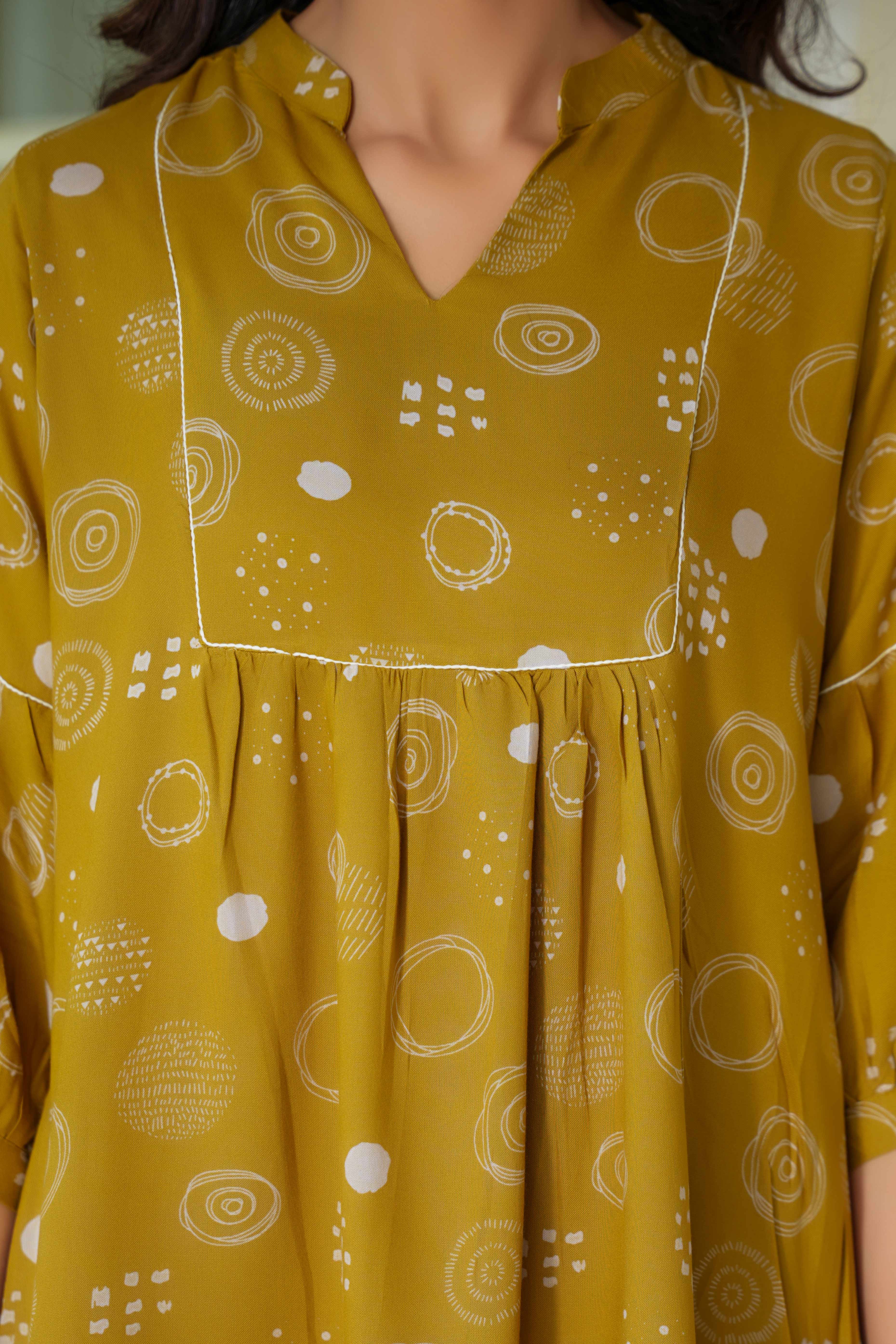 Casual Chic Rayon Mustard A-Line Top with Abstract Motif