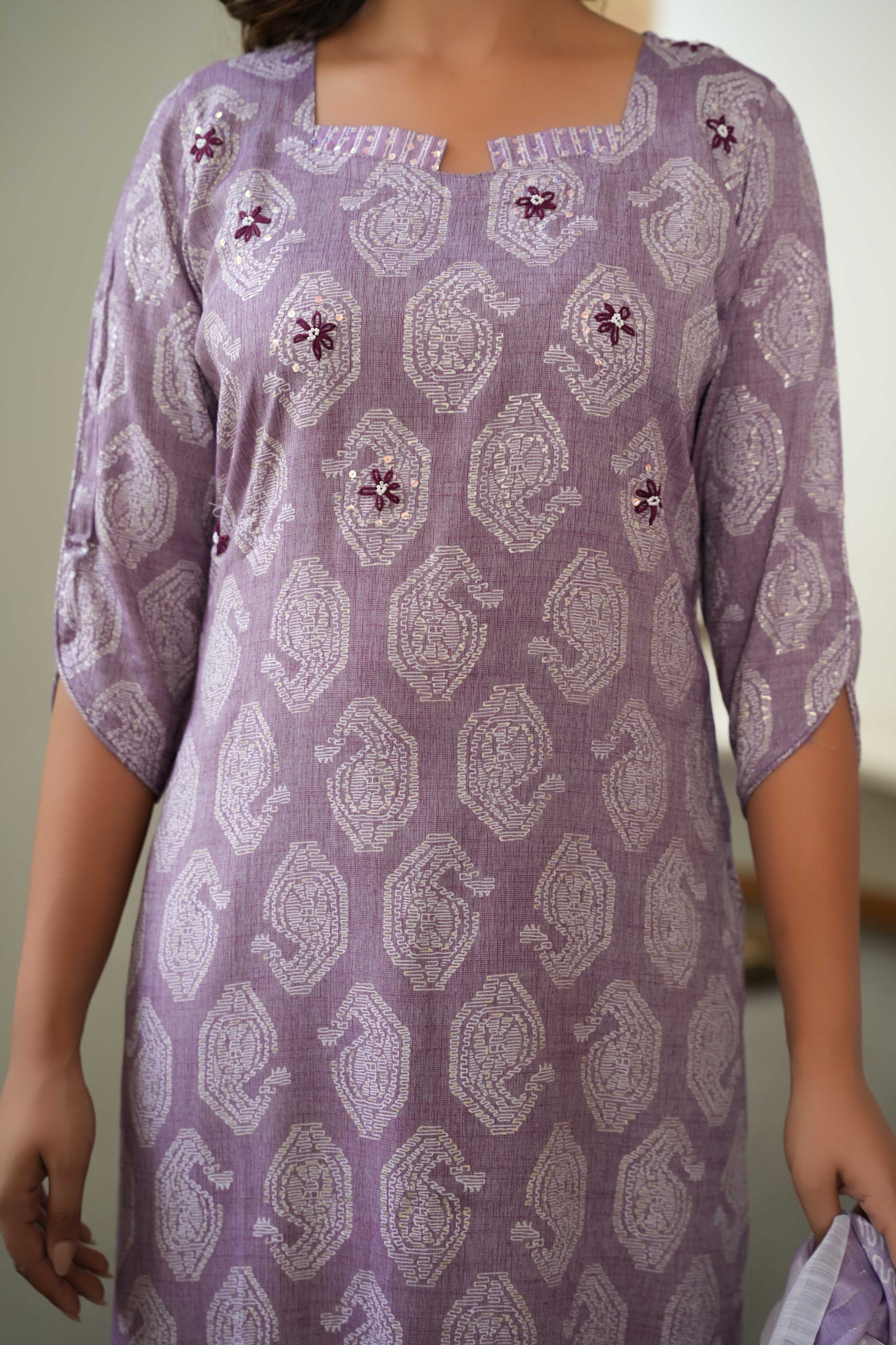 Refreshing Lavender Printed Rayon Straight Salwar Suit With Delicate Floral Sequins Embroidery Work