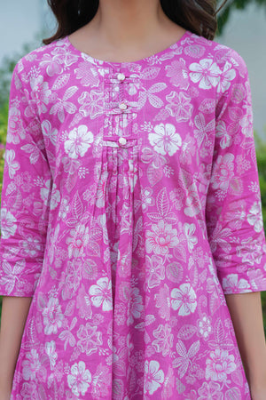 Pink Short Cotton Top with Structured Floral Weaves