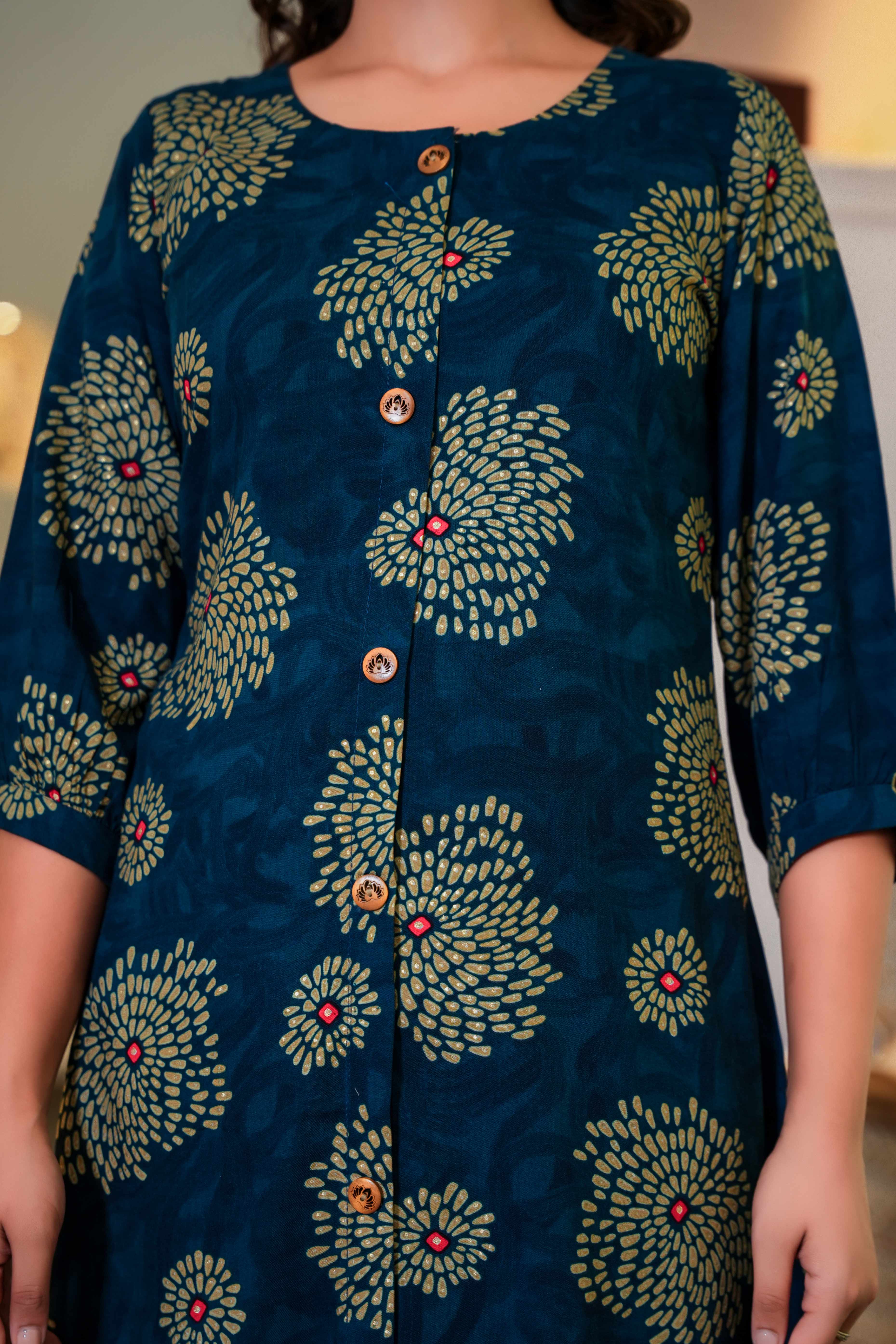 Comfort Fit Viscose A-Line Kurti in Dark Blue with Feminine Floral Print