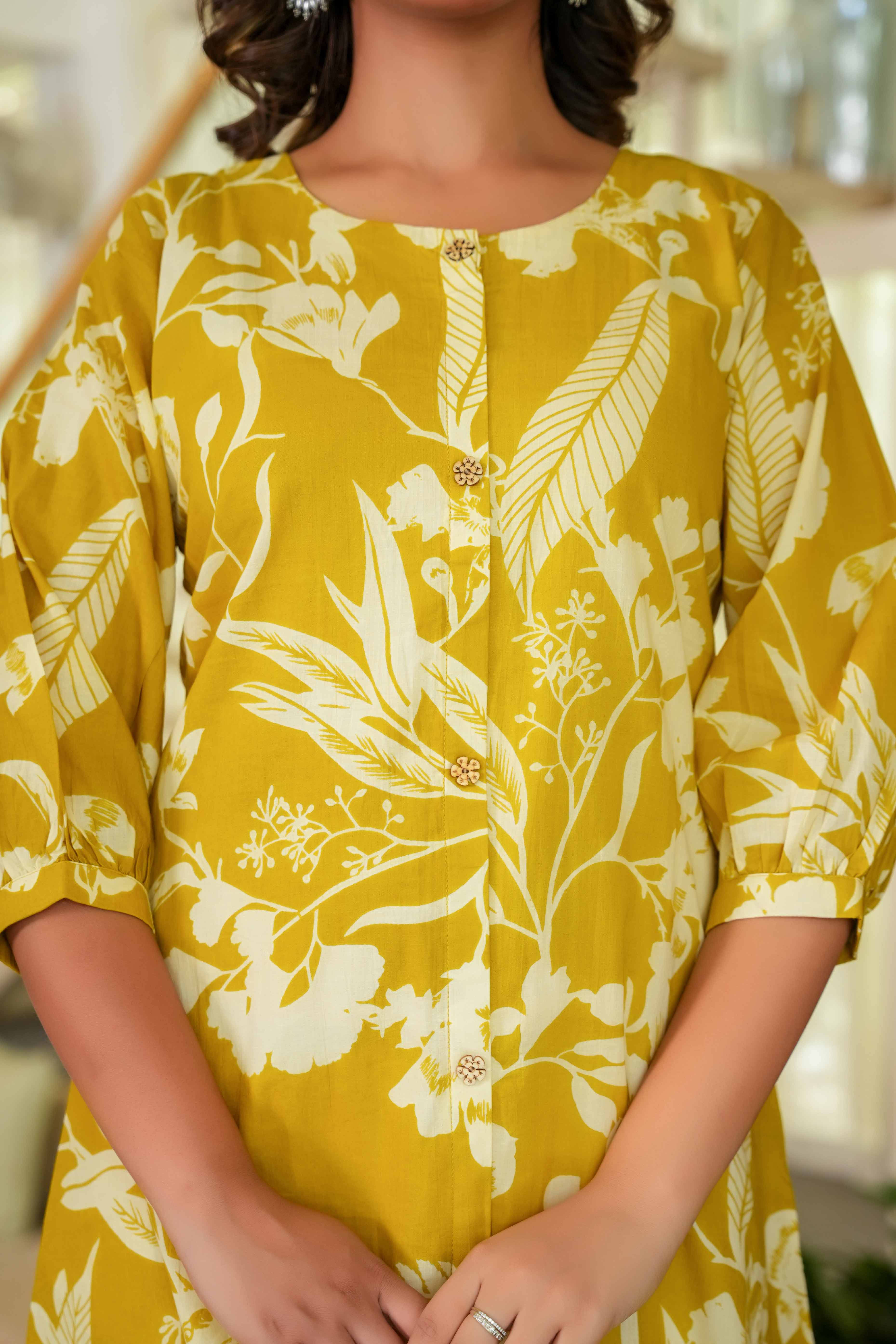 Olive Mustard Floral Inspired A-Line Kurti in Soft Cotton for Daily Elegance