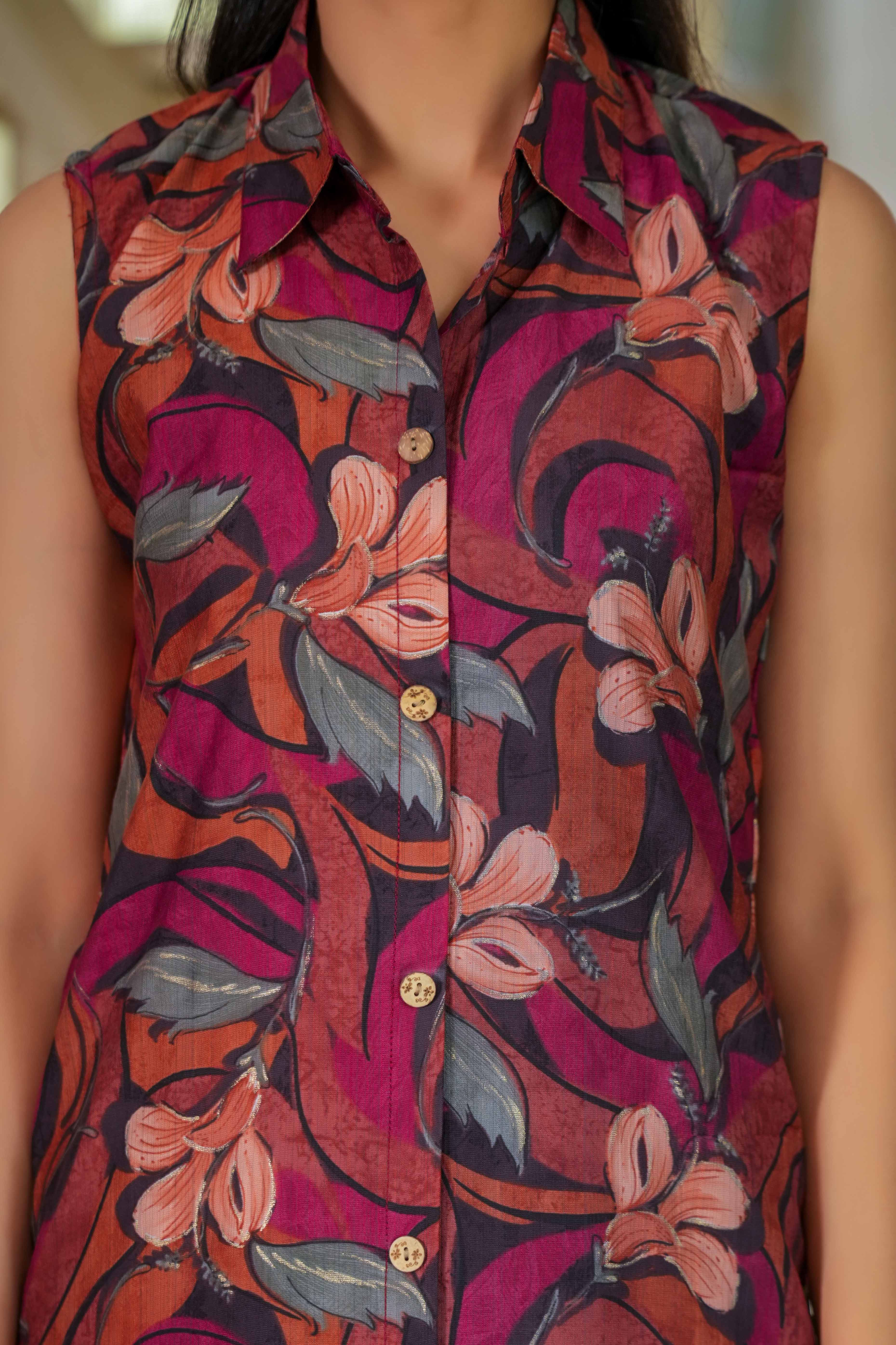 Maroon Floral Two-Piece Co-Ord Set in Lightweight Viscose Blend with Shirt Collar