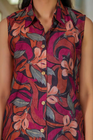 Maroon Floral Two-Piece Co-Ord Set in Lightweight Viscose Blend with Shirt Collar