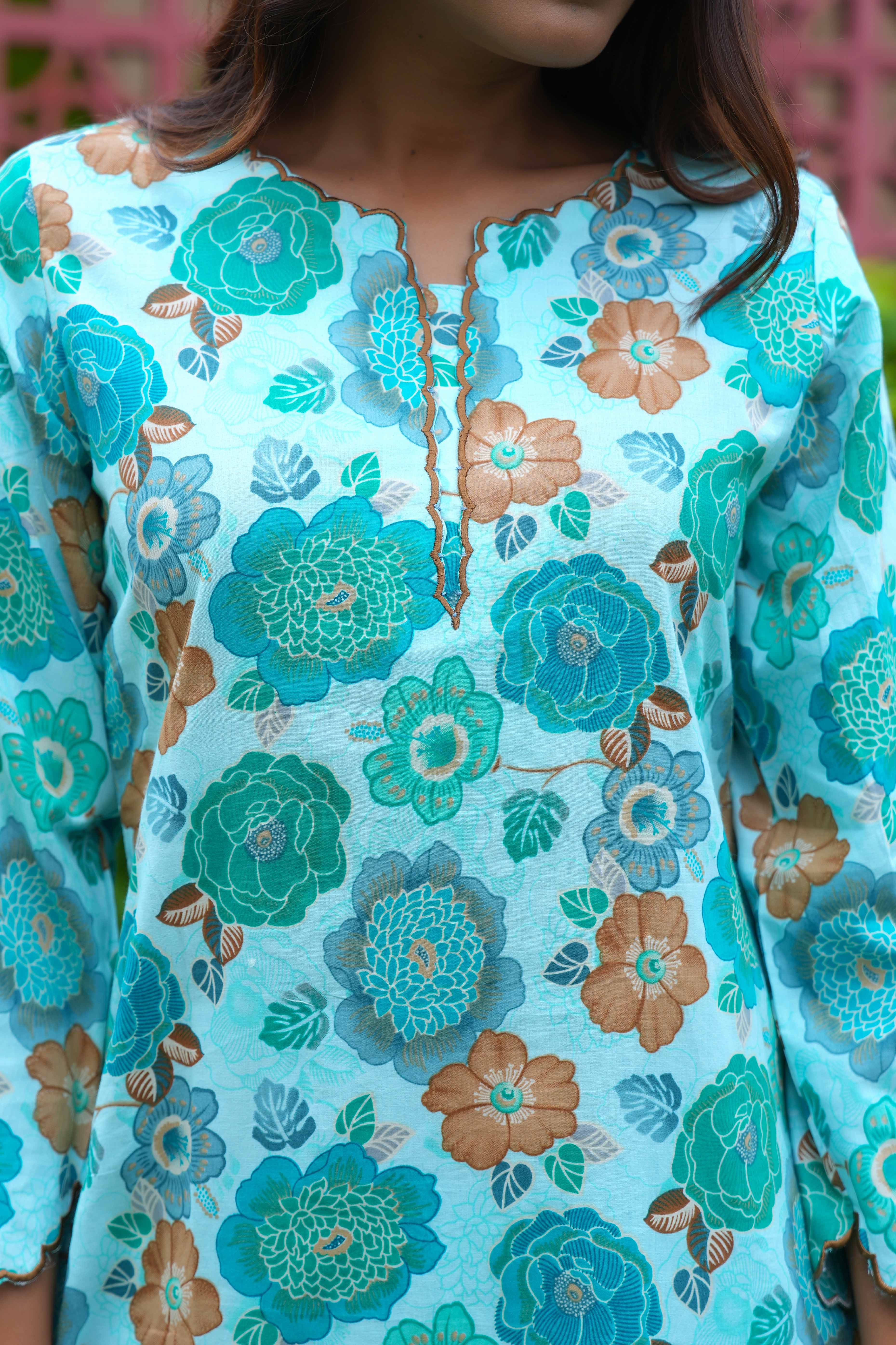 Turquoise Cotton Salwar Suit With Floral Print & Straight Fit