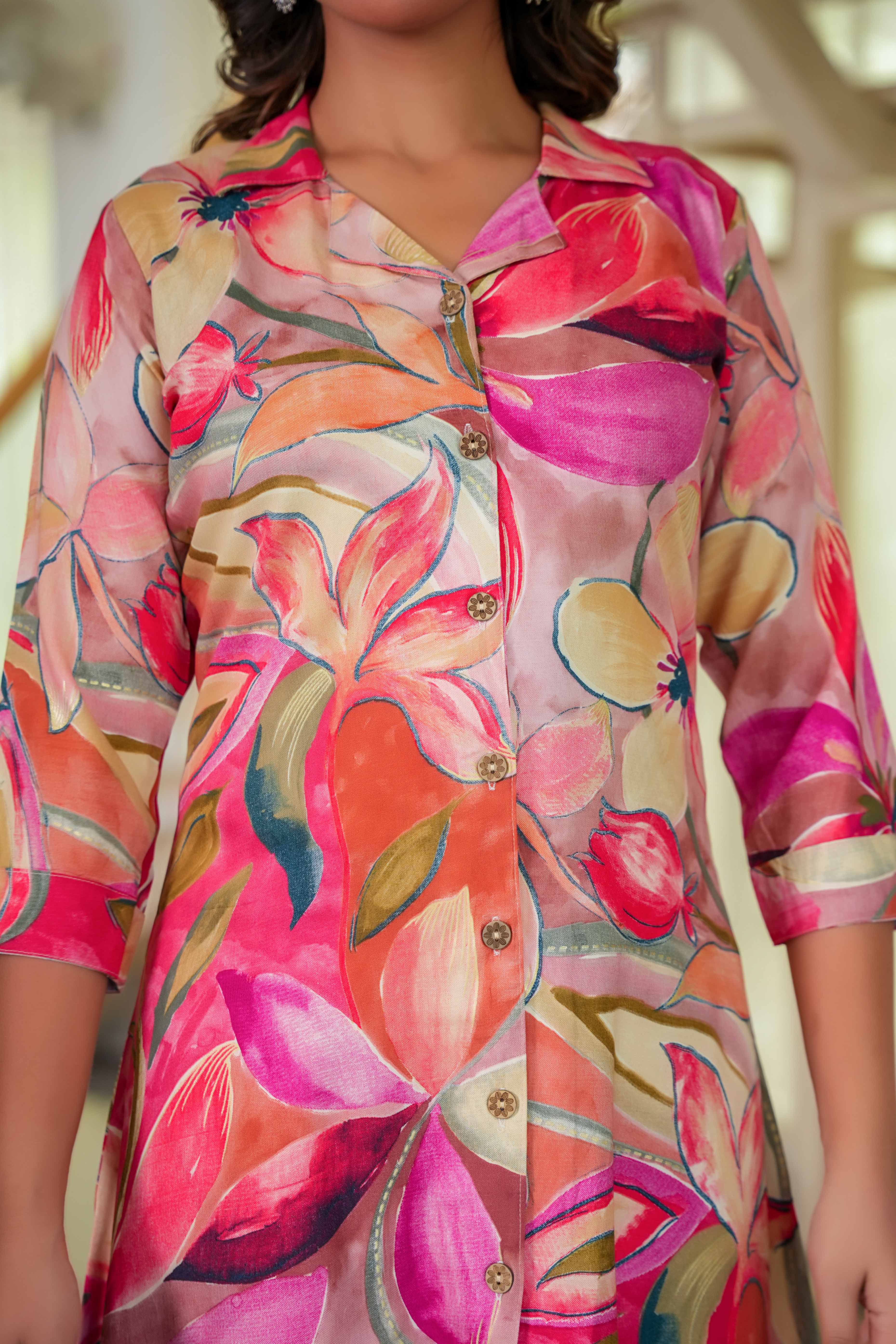 Sophisticated Red Floral Printed Straight Co-Ord Set In Rayon