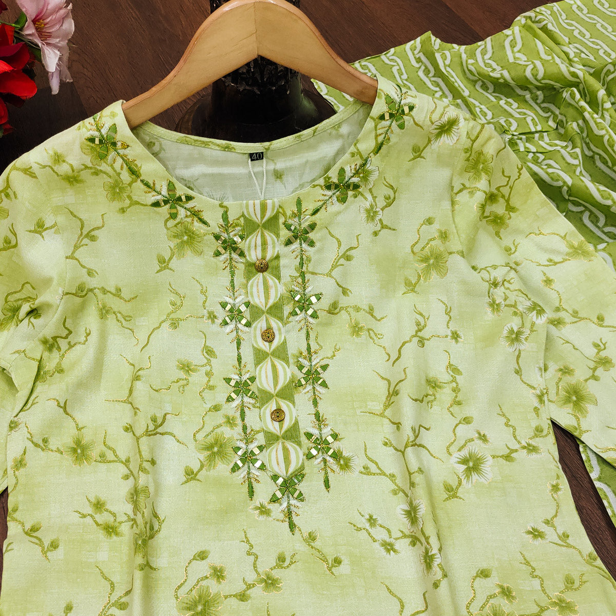 Light Green Printed Pure Cotton Kurti Palazzo Set With Dupatta